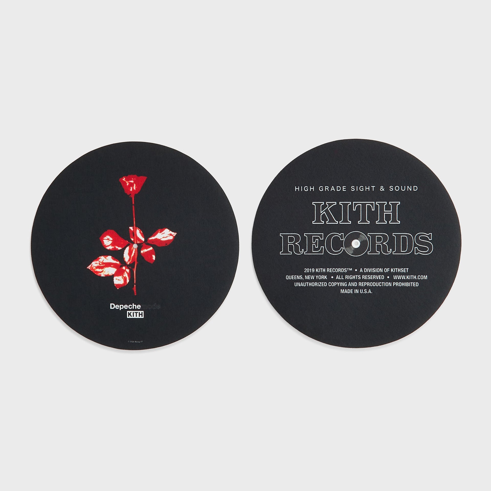 Kith Records for Depeche Mode set of 2 slip mats, showing the red rose Violator design and the Kith Records design