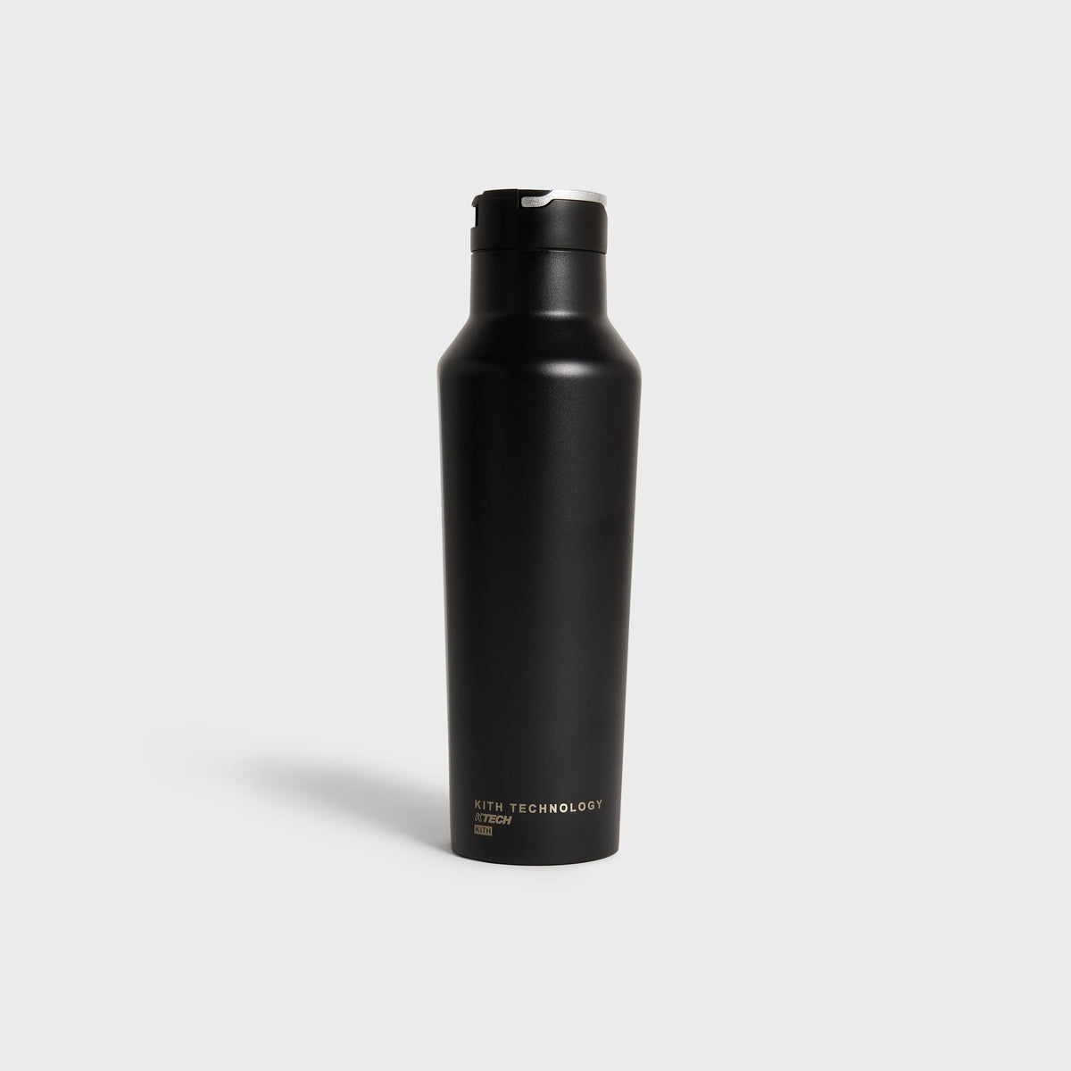 Kith for Corkcicle Classic Sport Canteen in matte black, reverse side with gold Kith Technology KTECH print