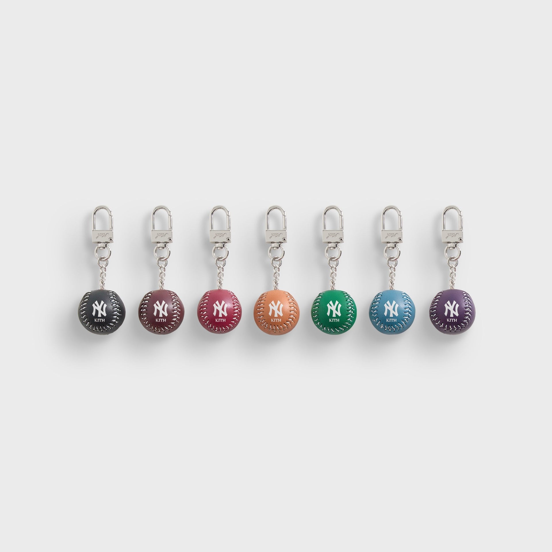 Full set of seven Kith x New York Yankees leather baseball keychains in different colorways