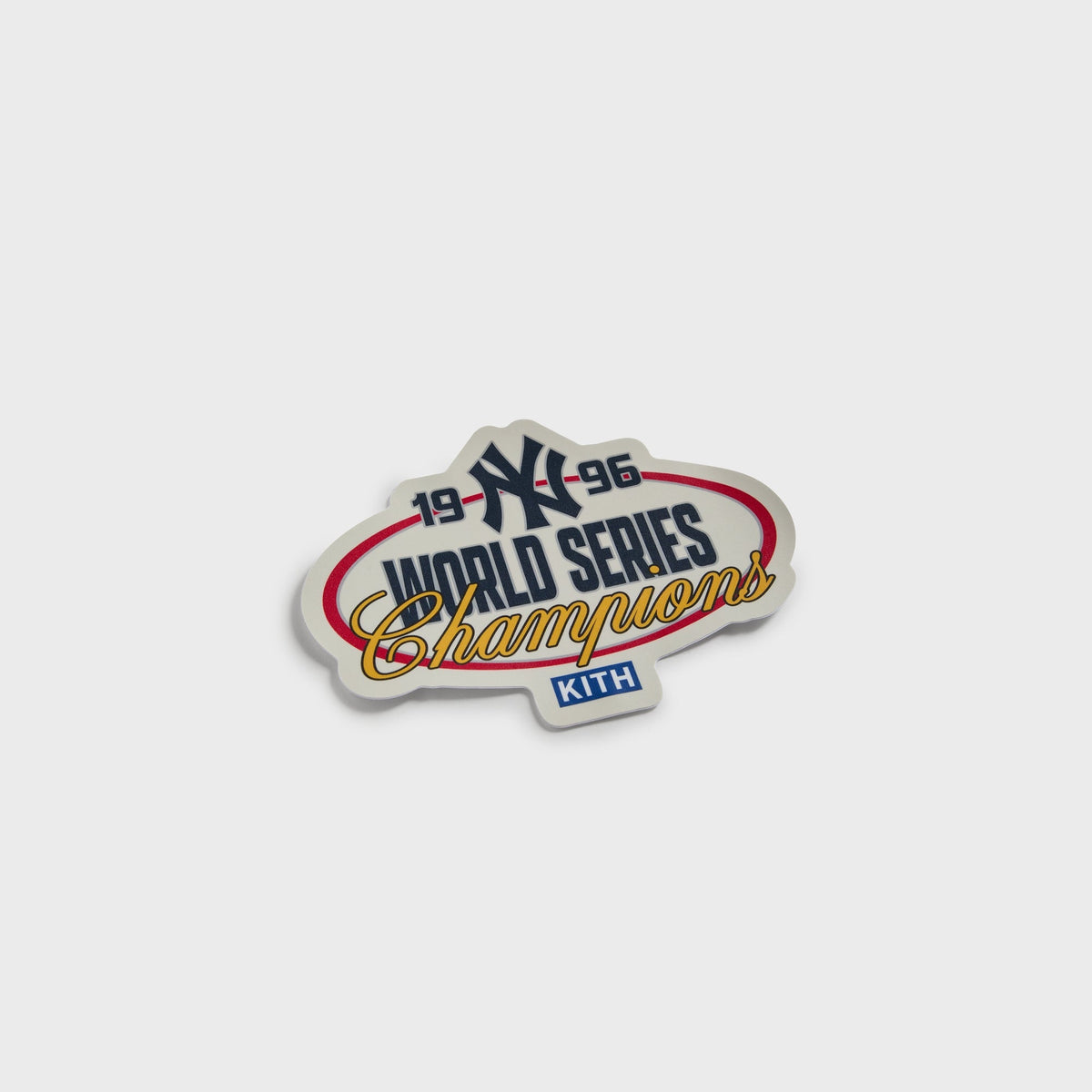 Kith x New York Yankees 1996 World Series Champions vinyl sticker, angled view
