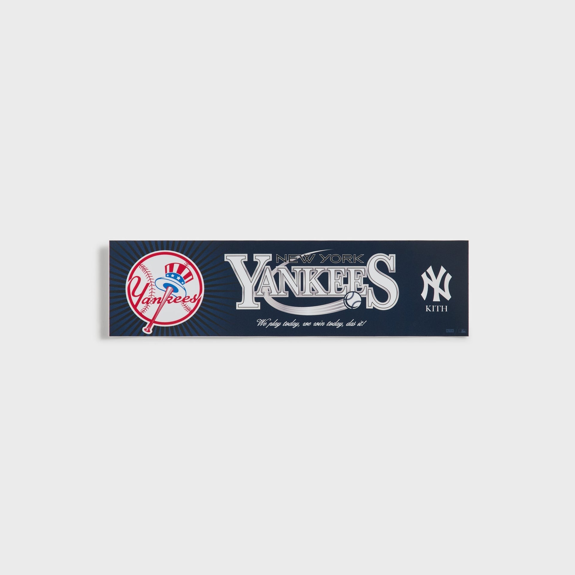 Kith for the New York Yankees bumper sticker, flat lay showing the full navy Yankees logo and Kith wordmark design