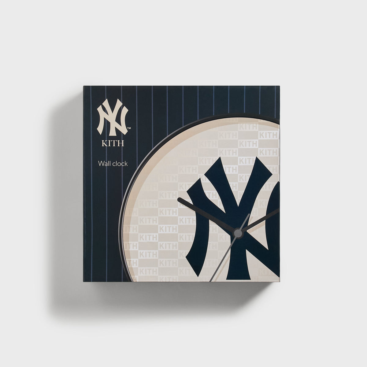 Kith x New York Yankees wall clock packaging box, front side showing NY logo artwork