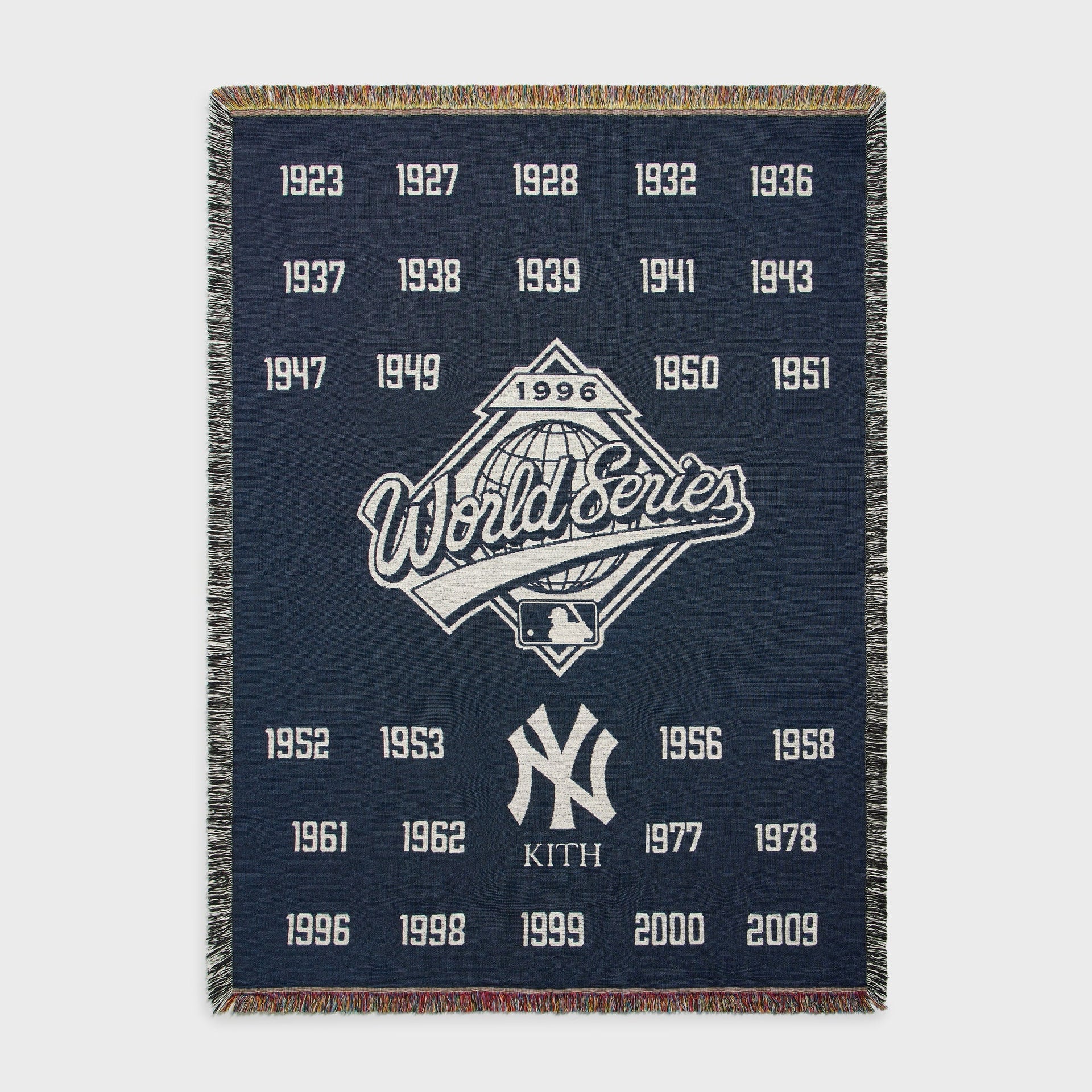 Kith x New York Yankees Nocturnal World Series tapestry blanket, full flat lay front view