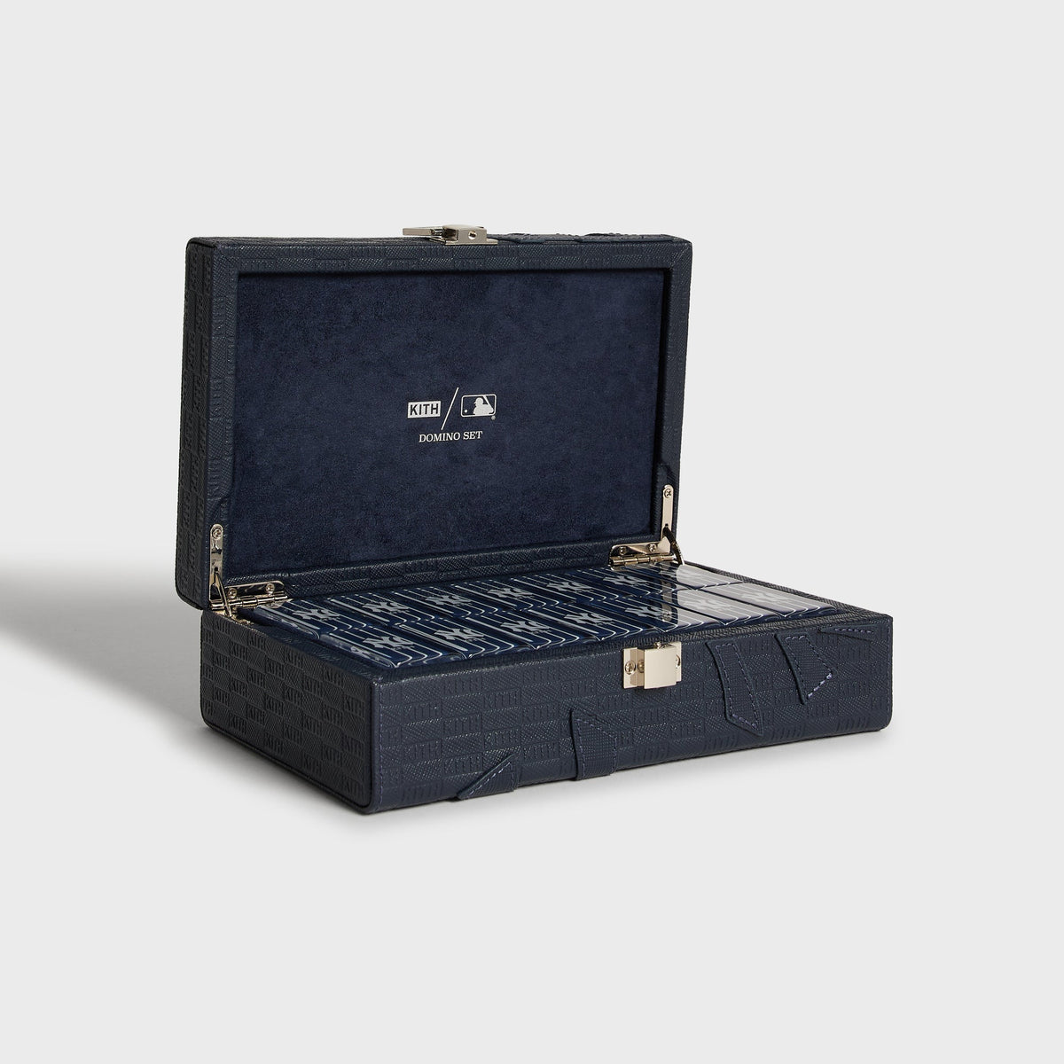 Open Kith x New York Yankees domino case shown at a three-quarter angle