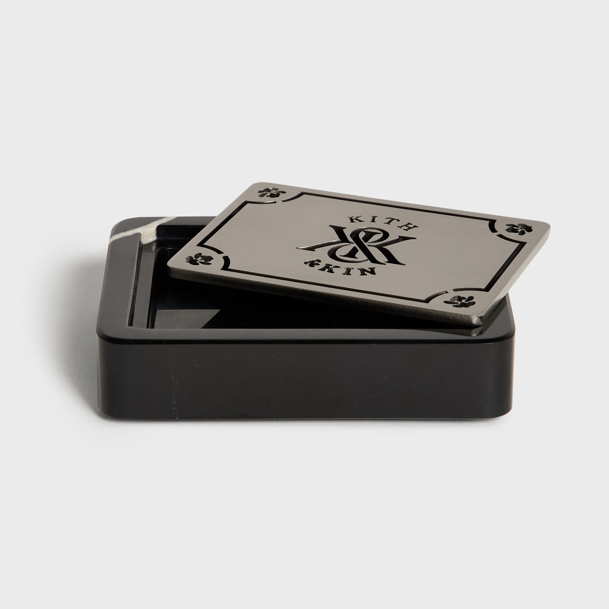 Kith Marble Soap Dish black with metal lid slightly open, side view