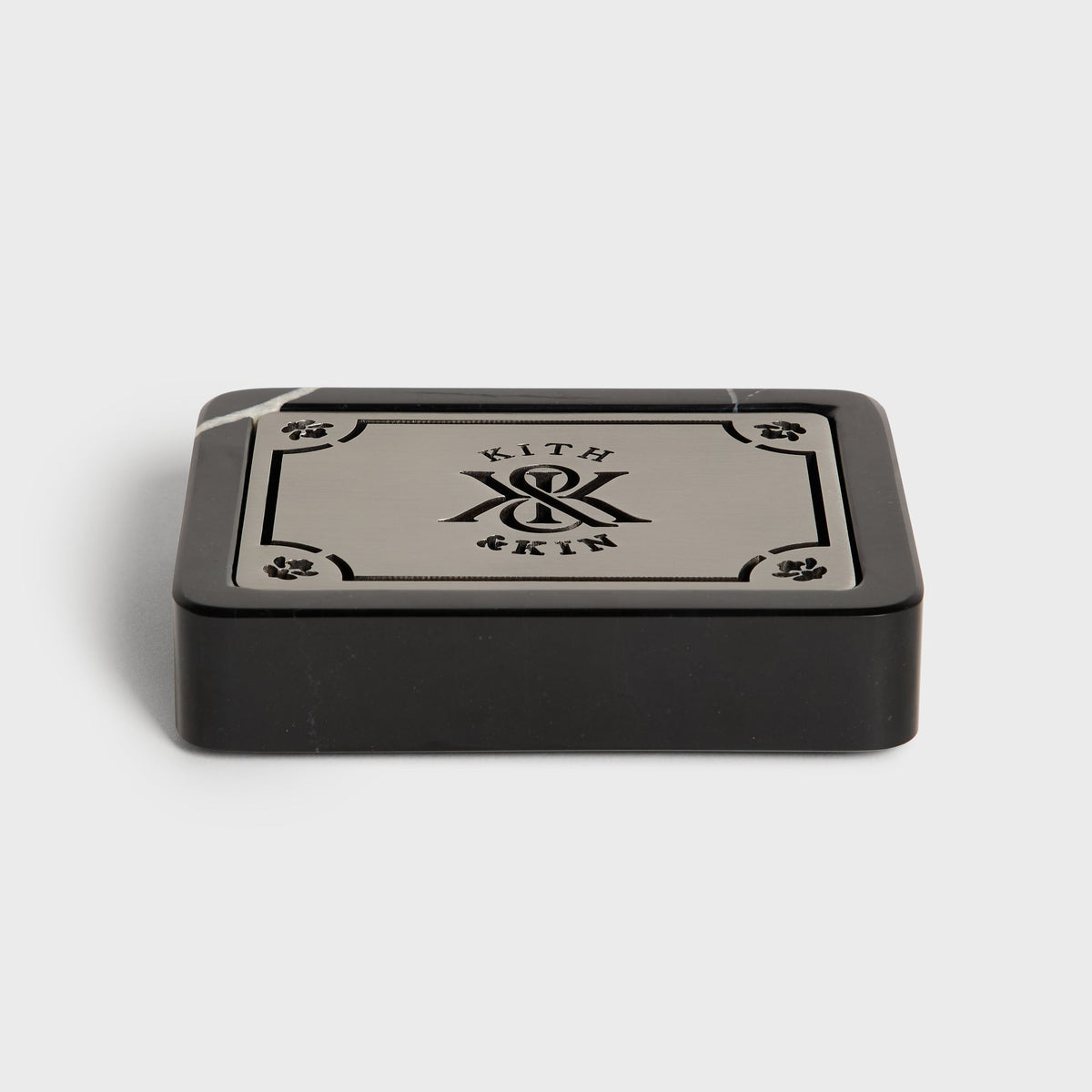 Kith Marble Soap Dish black with metal lid on, side view