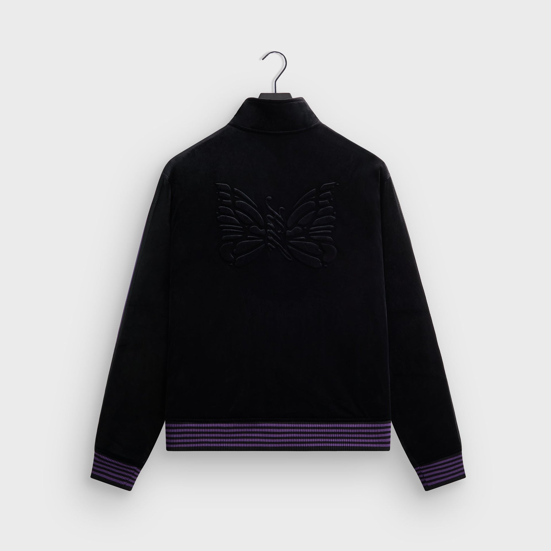 Kith for Needles Rui track jacket in black velour, back flat lay with tonal embossed butterfly