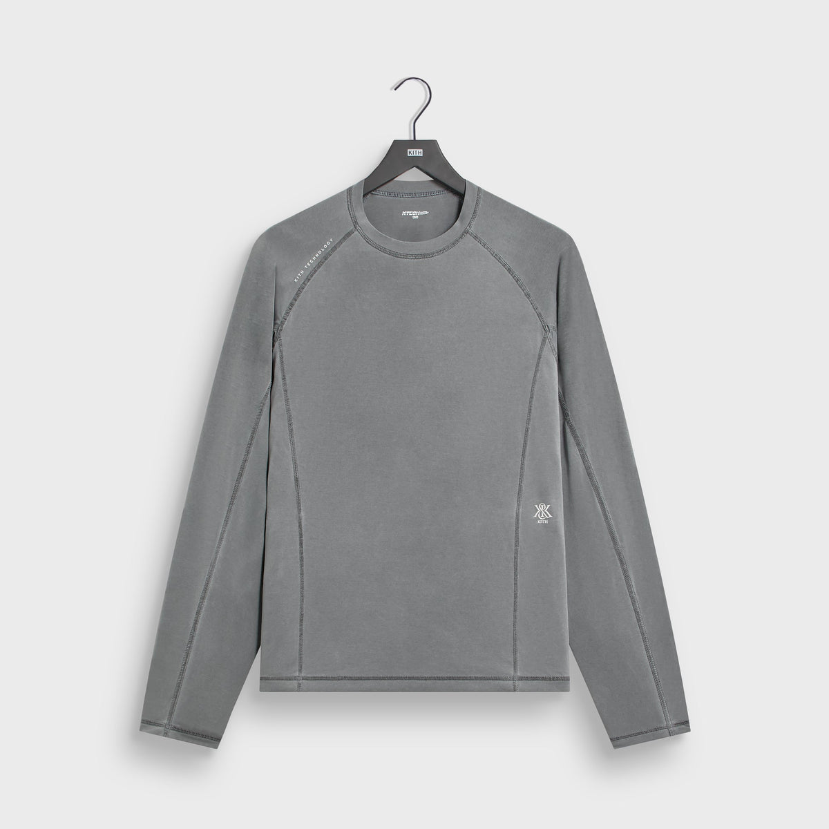 Kith Garment-Dyed Paneled Donovan Tee in shadow grey, long-sleeve raglan crewneck with KTECH KITH chest logo, flat lay front