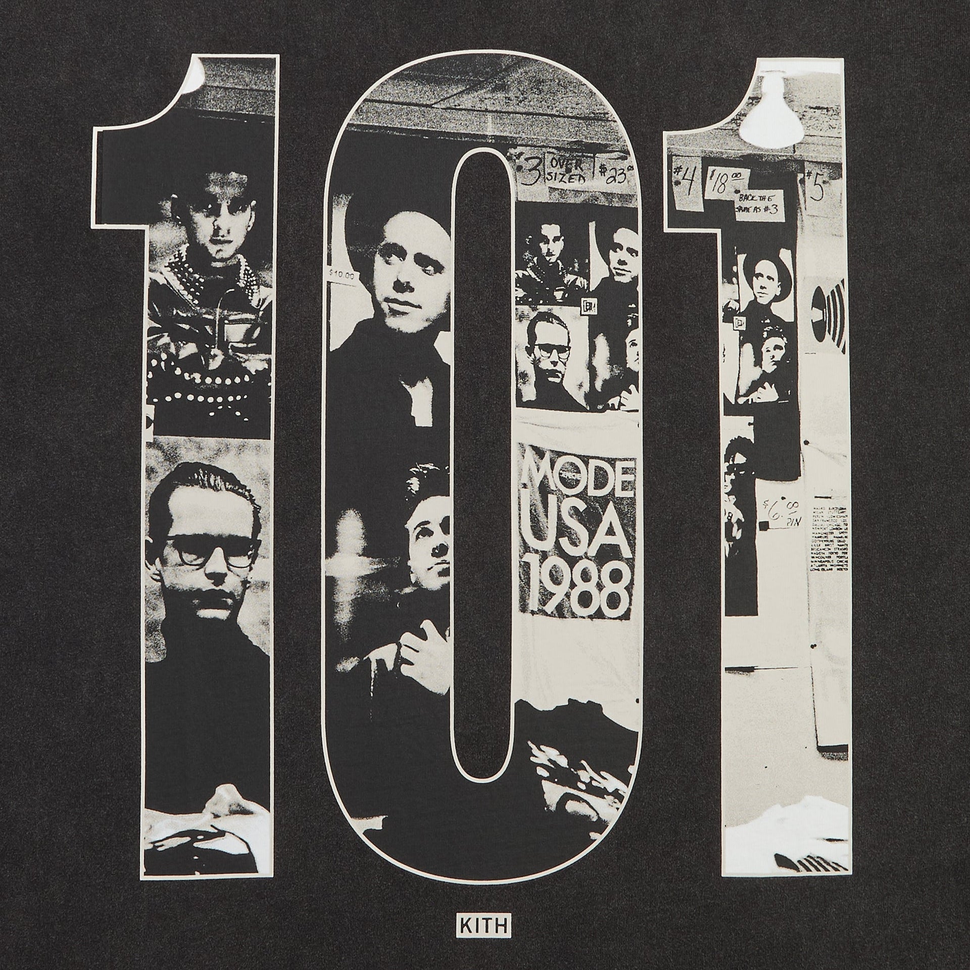 Kith Records for Depeche Mode 101 Live Alex Tee, close-up of 101 front graphic filled with black-and-white band photo collage and Mode USA 1988