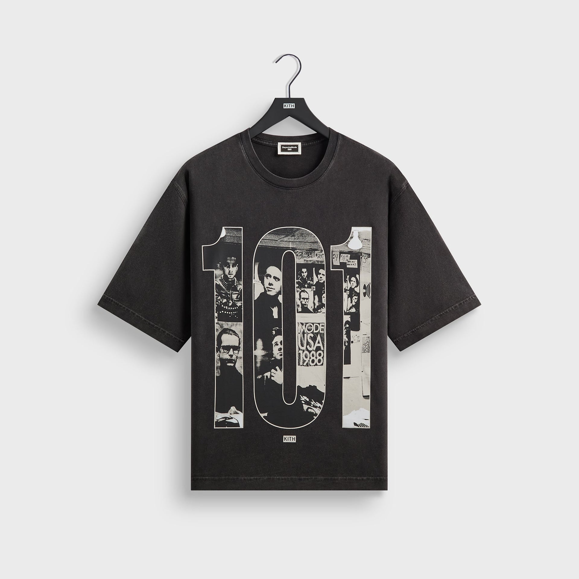 Kith Records for Depeche Mode 101 Live Vintage Alex Tee in washed black, front view with 101 photo collage graphic on hanger