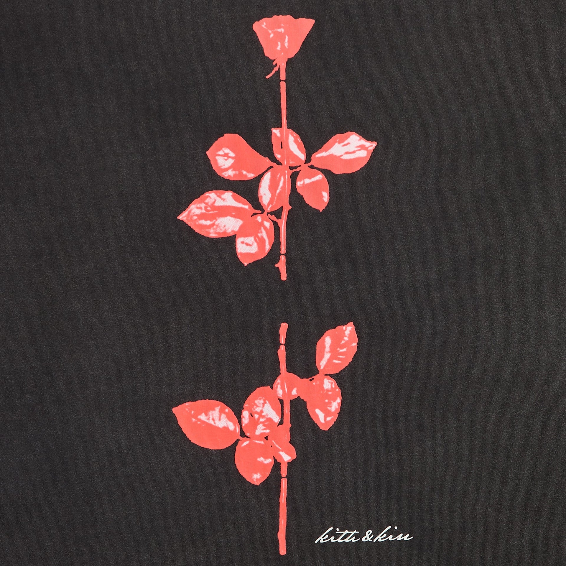 Kith Records for Depeche Mode Violator Vintage Alex Tee in washed black, close-up of red Violator rose graphic and kith and kin script