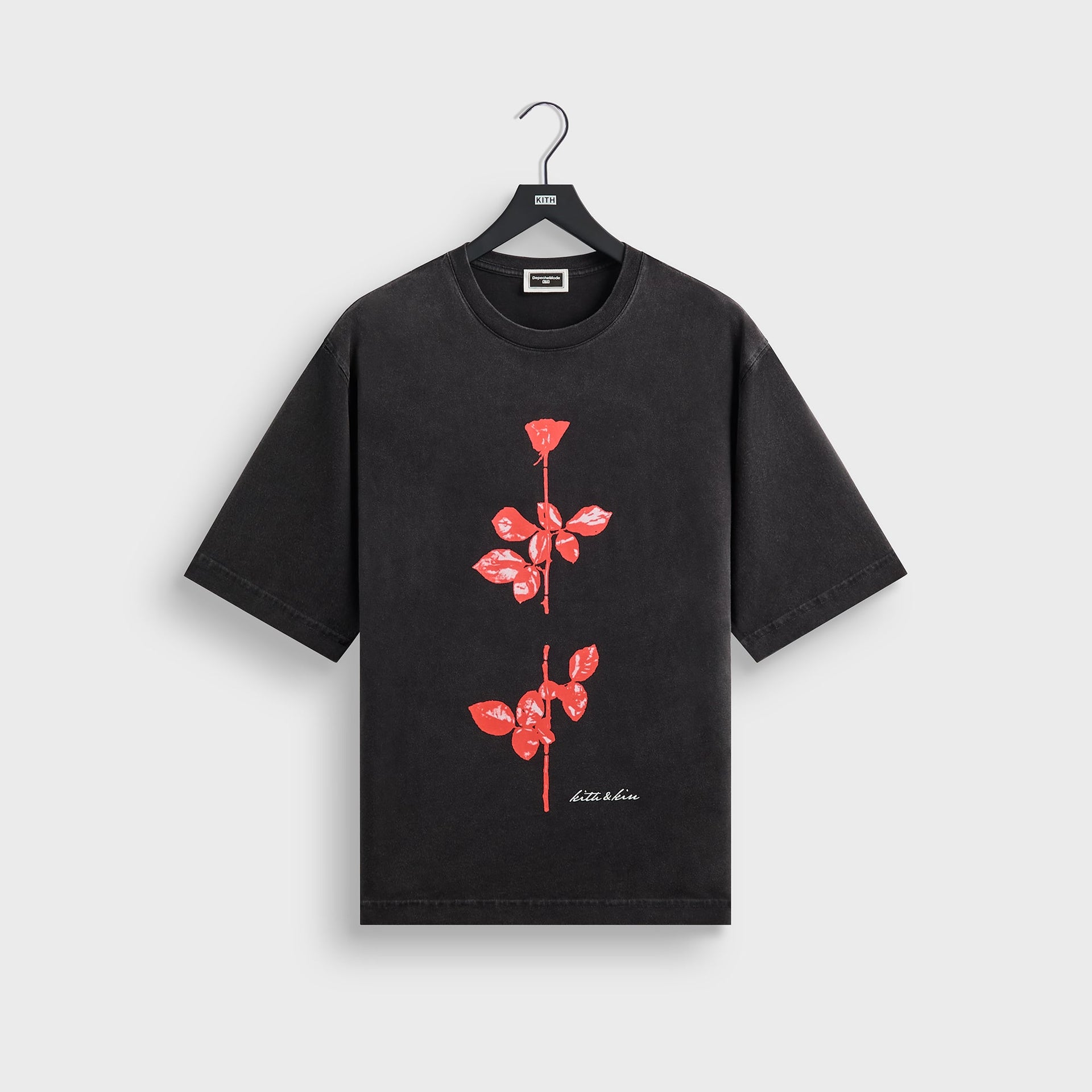 Kith Records for Depeche Mode Violator Vintage Alex Tee in washed black, front view with red rose graphic and kith and kin script