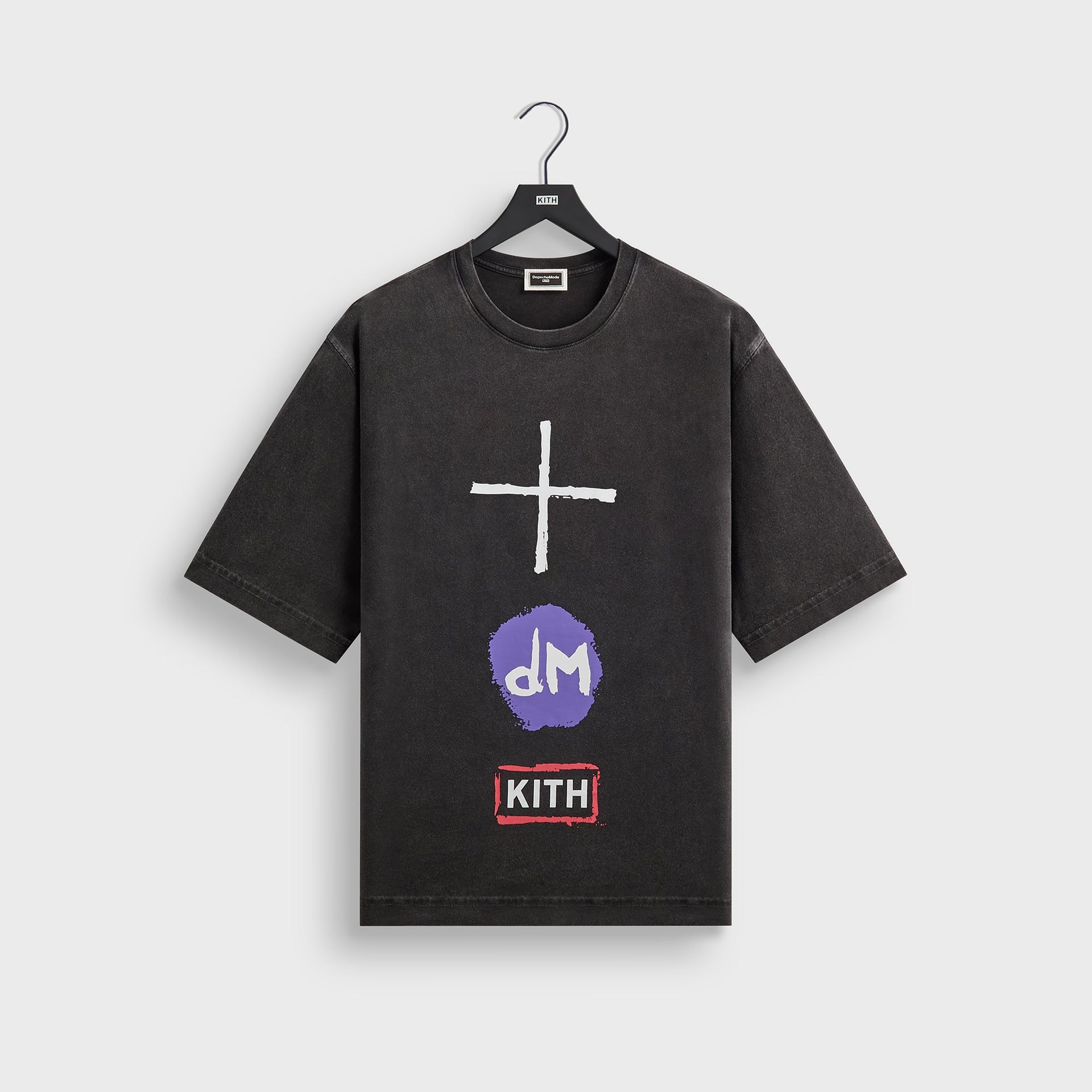 Kith Records for Depeche Mode Devotional Tour Vintage Alex Tee in Black, front on hanger with white cross, purple dM logo and red KITH box logo