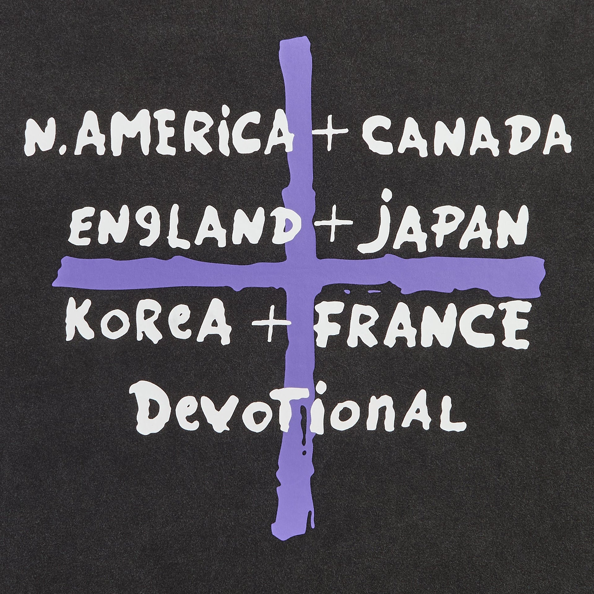 Kith Records for Depeche Mode Devotional Tour Vintage Alex Tee in Black, close-up of back purple cross and Devotional tour city print