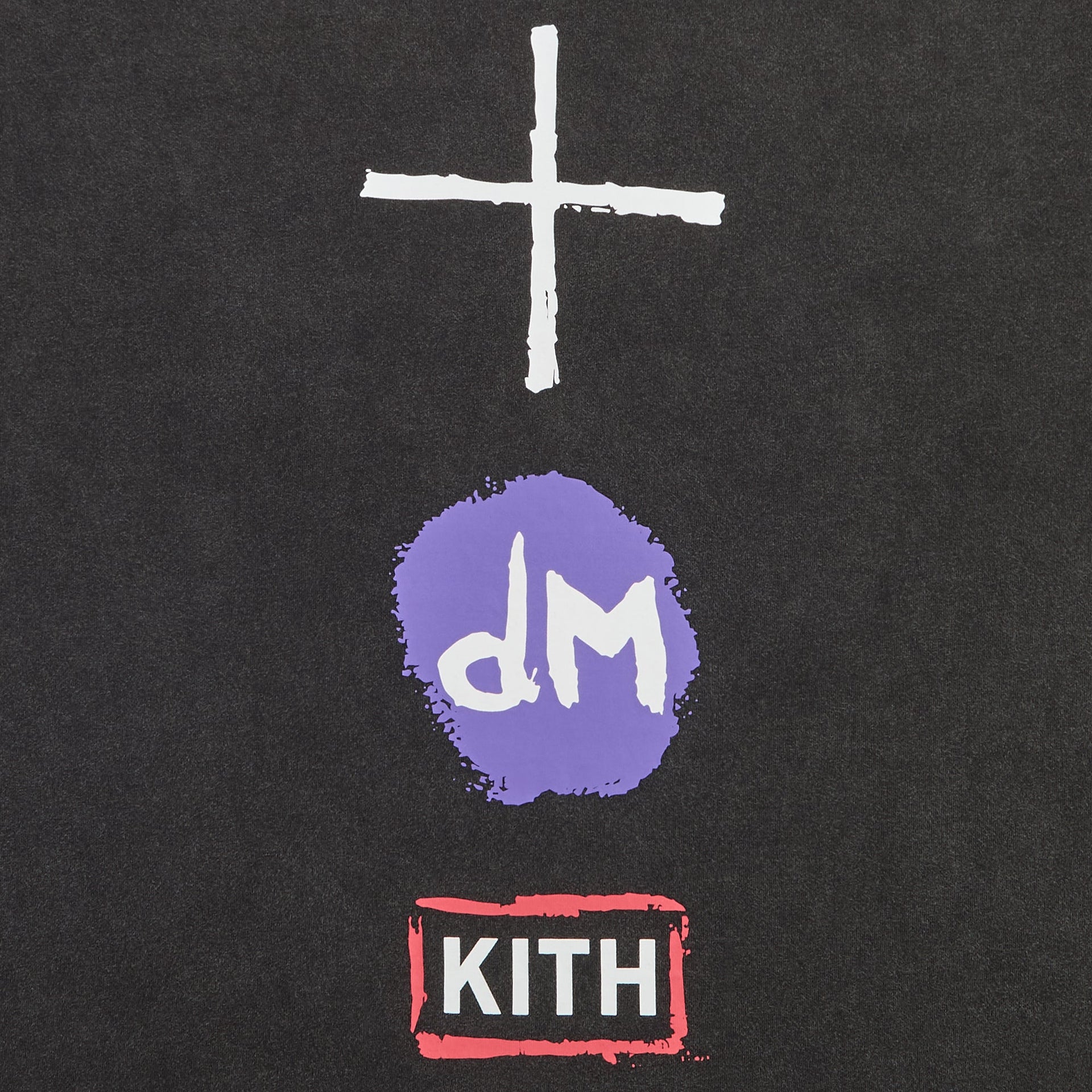 Kith Records for Depeche Mode Devotional Tour Vintage Alex Tee in Black, close-up of front white cross, purple dM logo and red KITH box