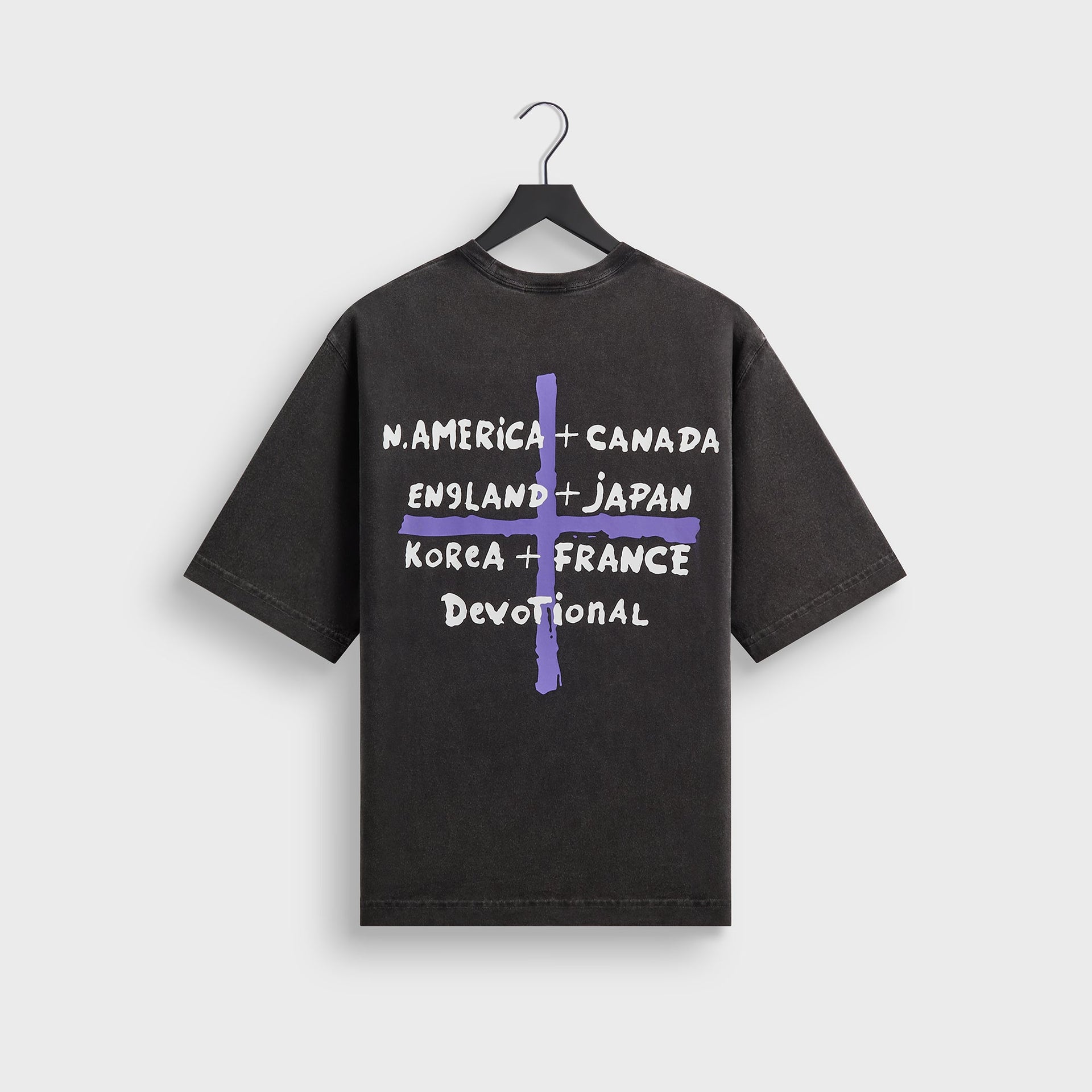 Kith Records for Depeche Mode Devotional Tour Vintage Alex Tee in Black, back on hanger with purple cross and tour city list graphic