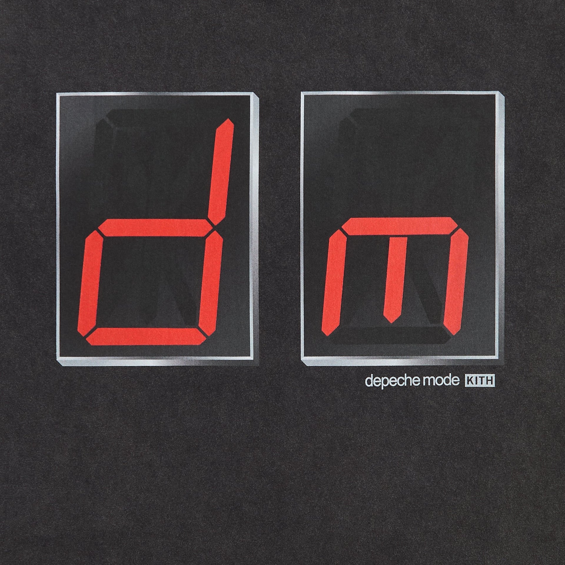 Kith x Depeche Mode Alex Tee close-up of front red LED dm logo and depeche mode Kith text