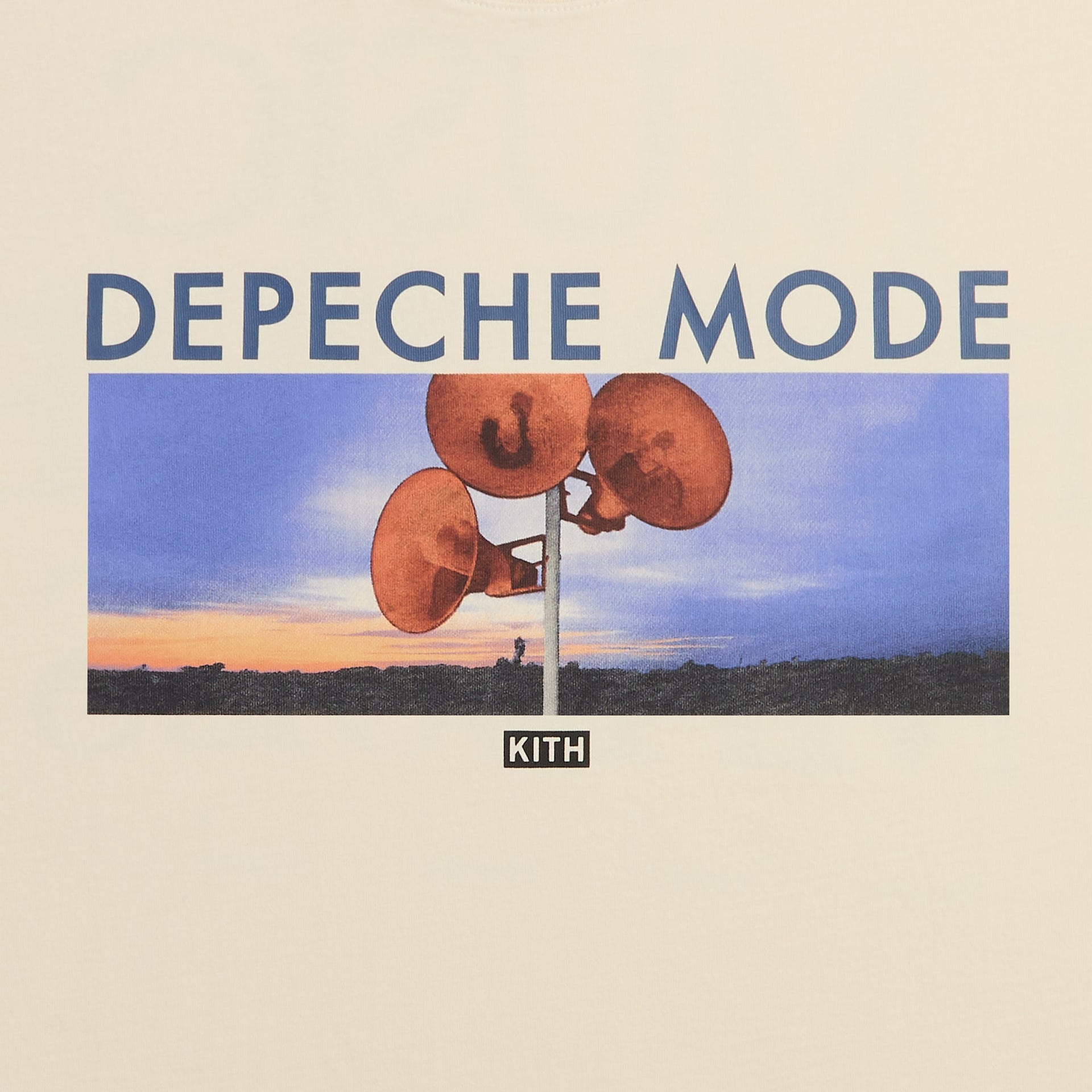 Close-up of Depeche Mode loudspeaker horns sunset album graphic and Kith box logo on cream Vintage Alex Tee