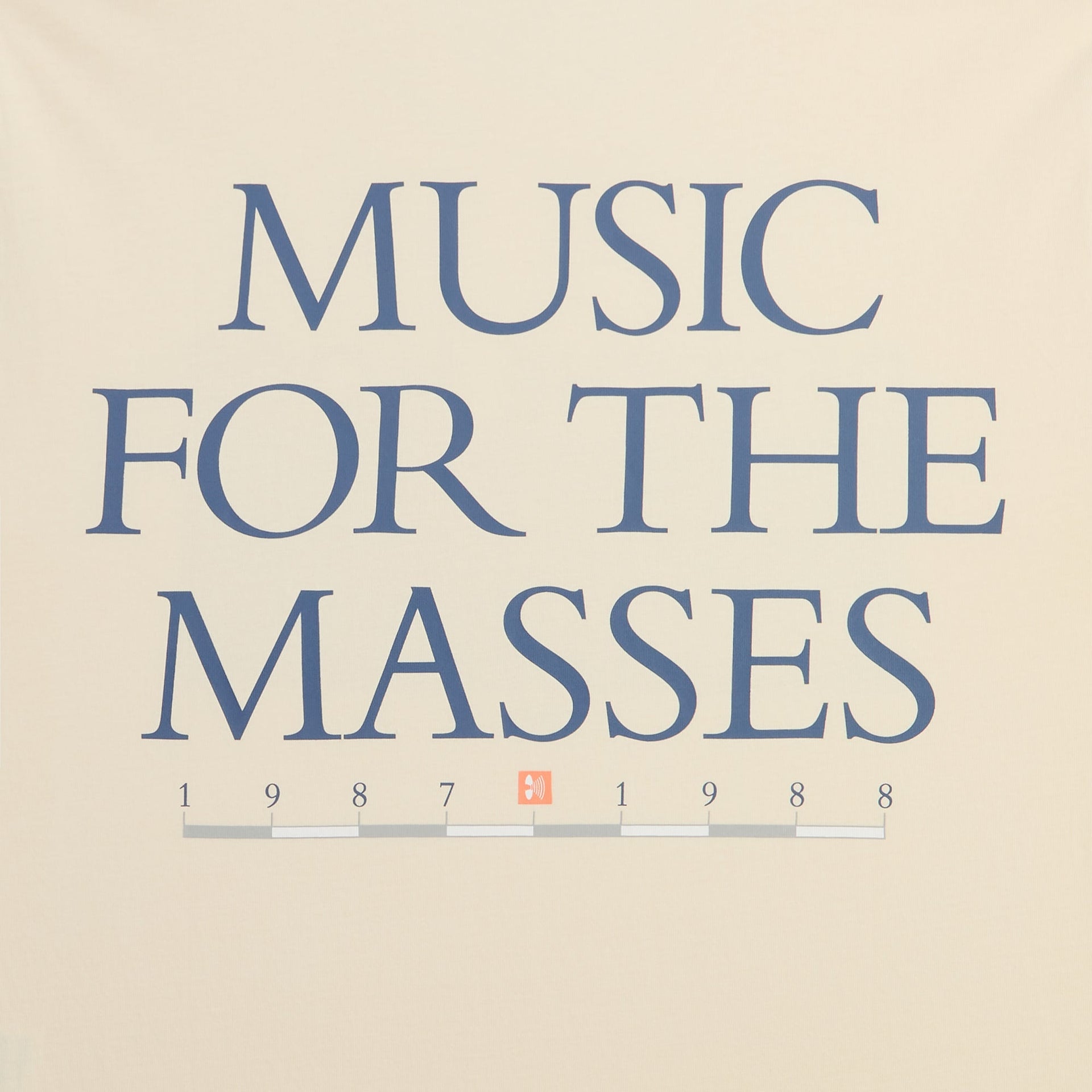 Close-up of navy Music For The Masses serif print with 1987-1988 timeline on back of cream Vintage Alex Tee