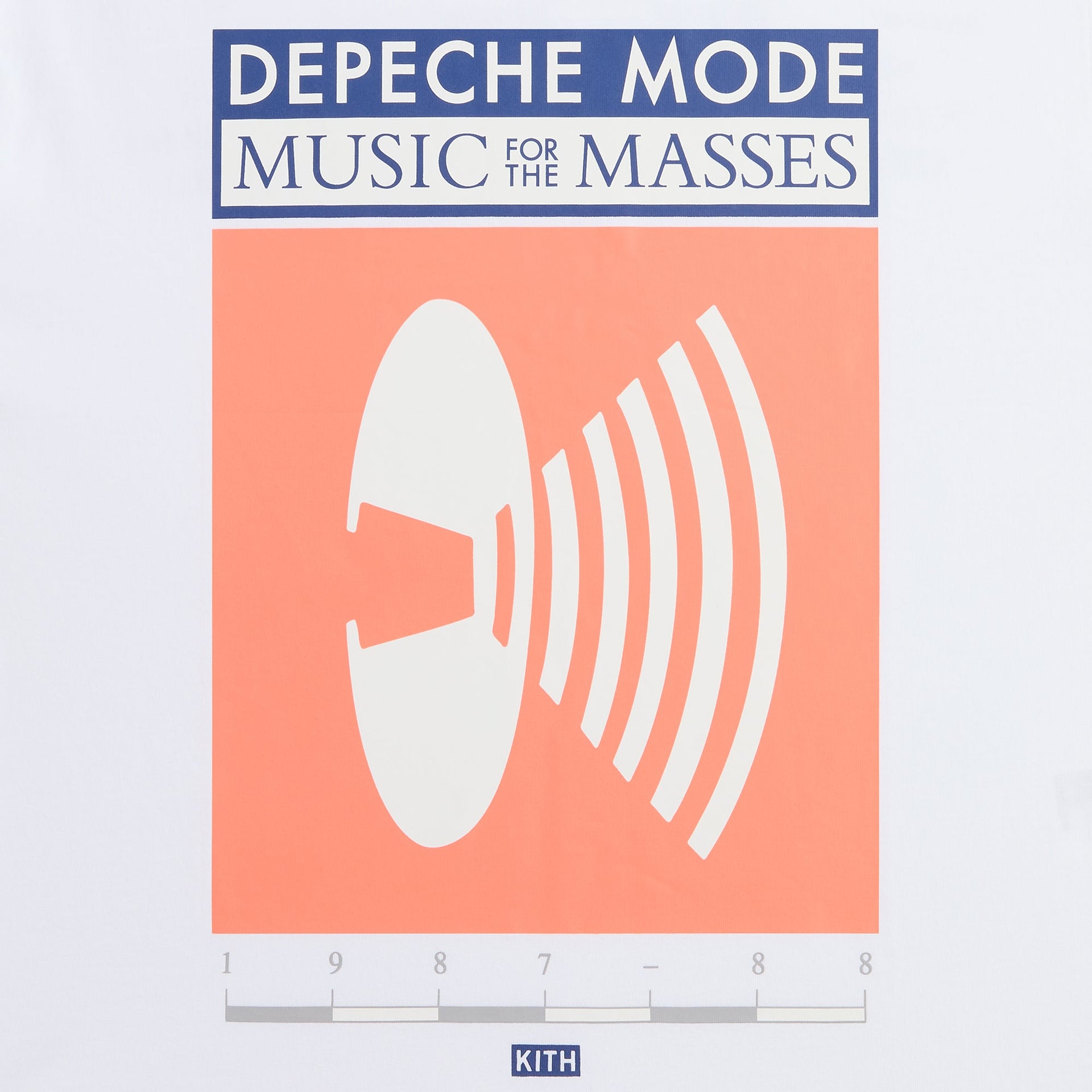 Close-up of front Depeche Mode Music for the Masses speaker graphic on white Kith tee