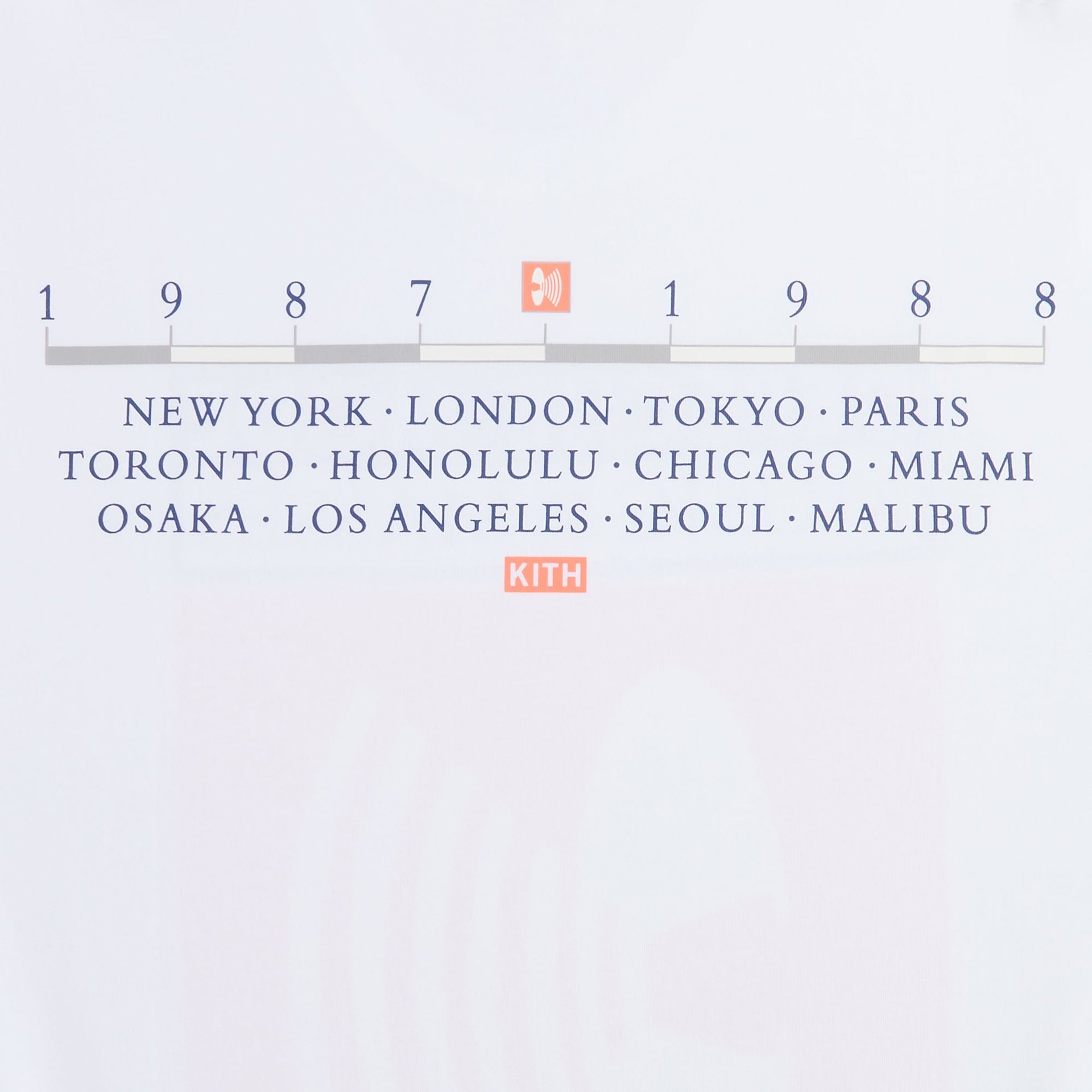 Close-up of back 1987-1988 tour timeline and city list print on white Kith Depeche Mode tee
