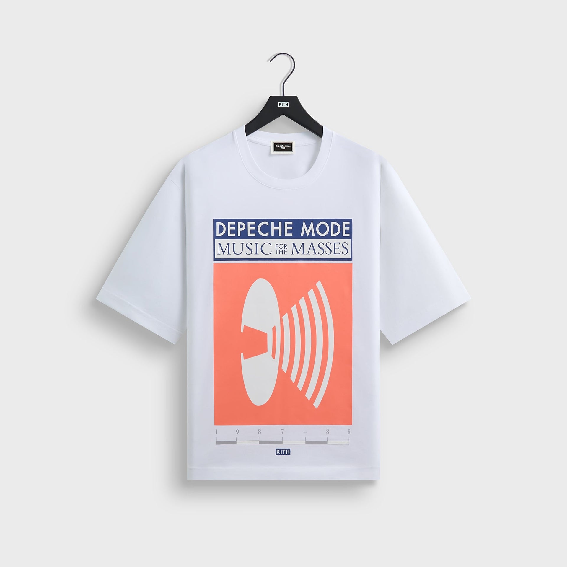 Kith for Depeche Mode Vintage Alex Tee in white, front Music for the Masses speaker graphic, on hanger