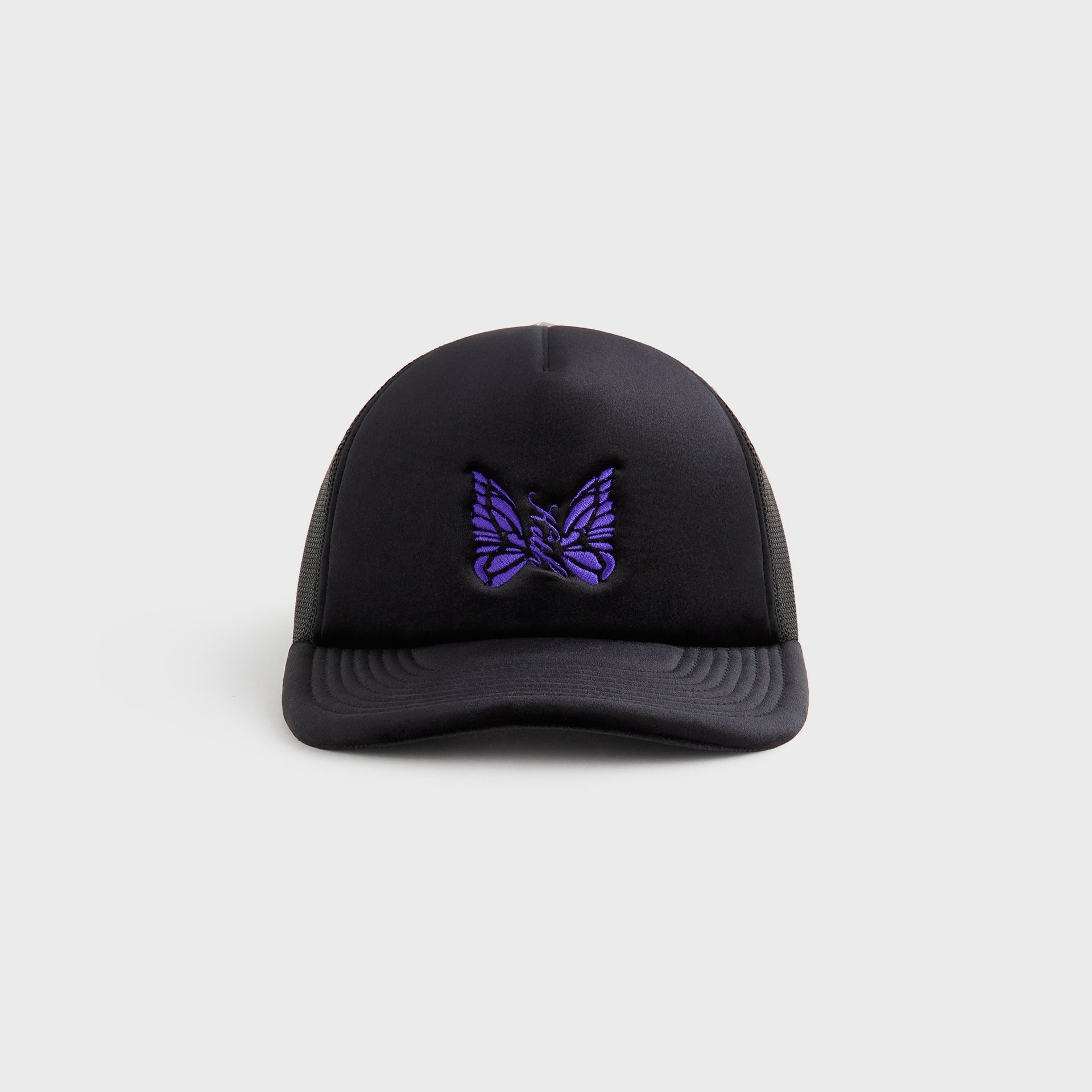 Kith for Needles Velour Nolan trucker cap in black with purple embroidered butterfly logo, front view