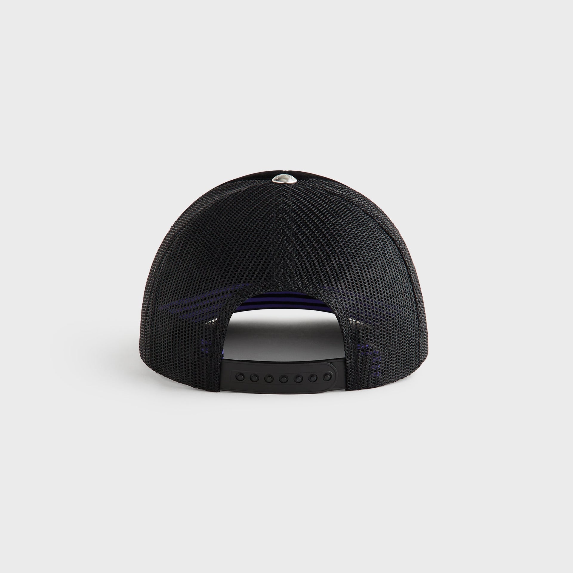 Kith for Needles Velour Nolan trucker cap in black, back view showing mesh panel and snapback closure