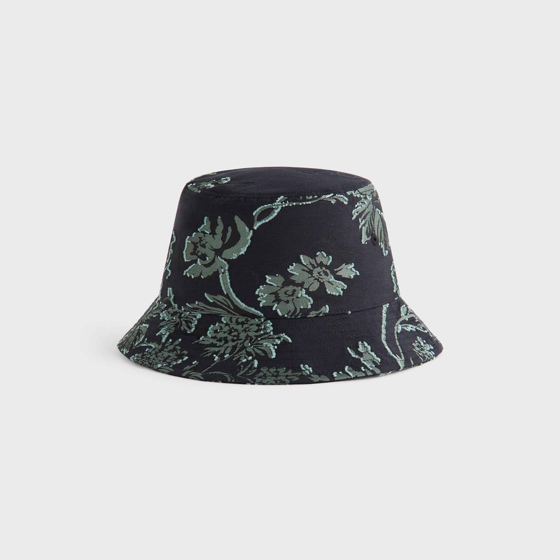Kith for Needles Dawson bucket hat in black clip jacquard with sage green floral print, side profile flat lay