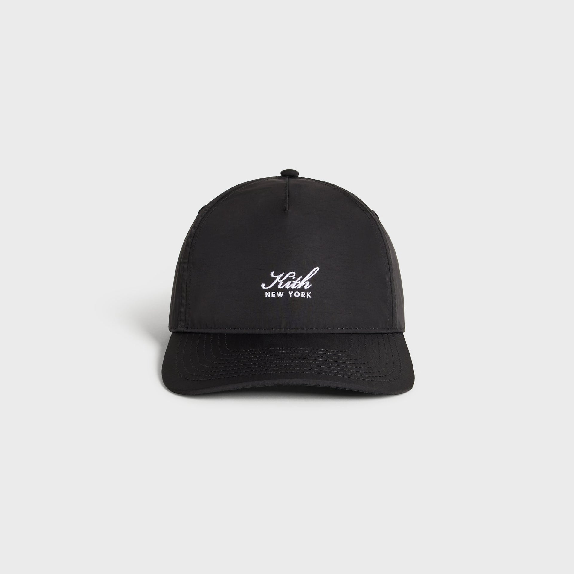 Kith Script Wrinkle Nylon Bay low pinch crown snapback in black, front view