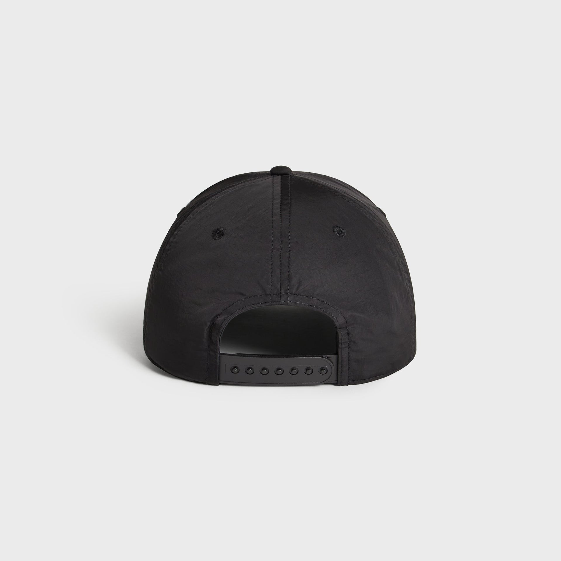 Kith Script Wrinkle Nylon Bay low pinch crown snapback in black, back view showing snap closure