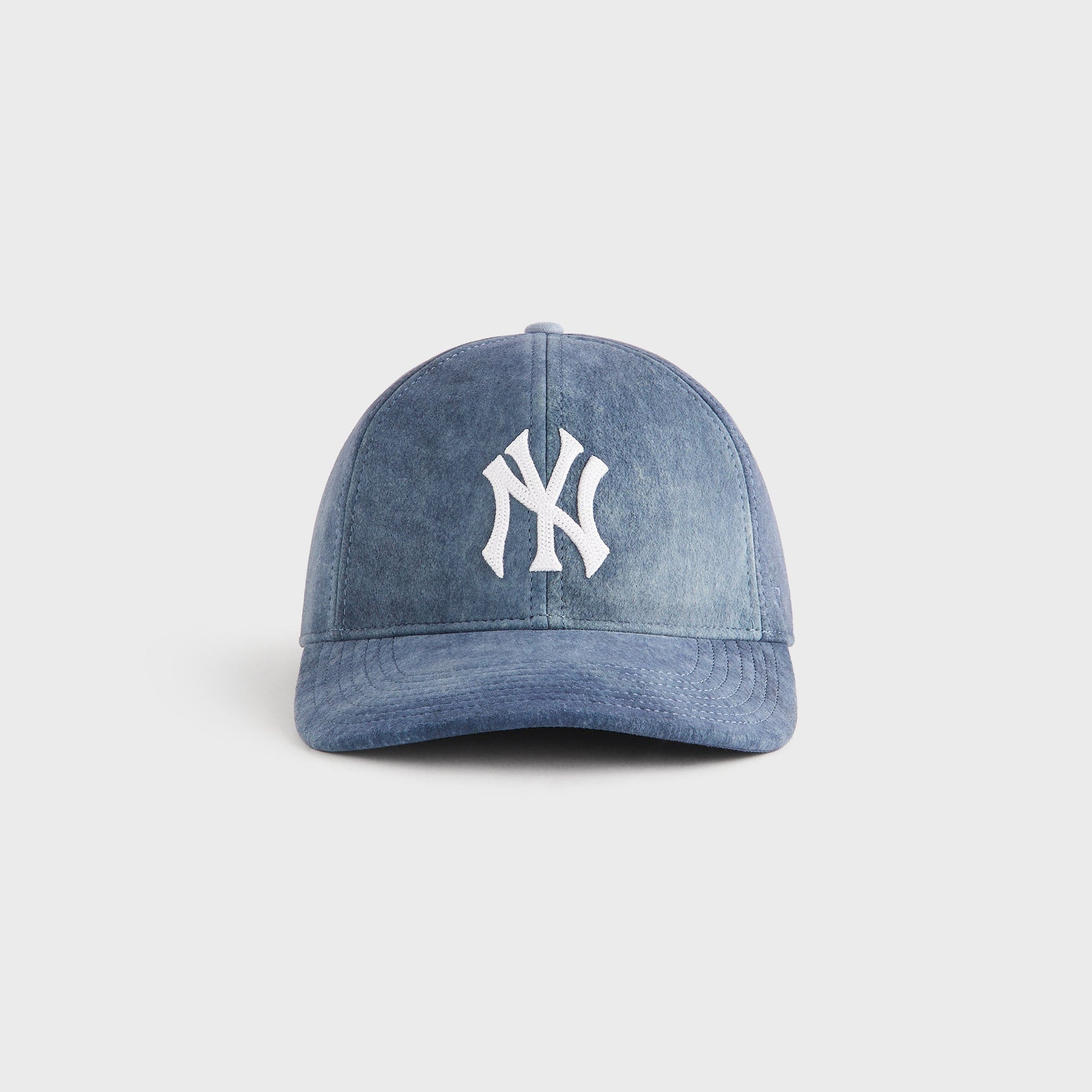 Kith & '47 for the New York Yankees Washed Suede Franchise Cap in Torpedo blue, front view showing the embroidered white NY logo