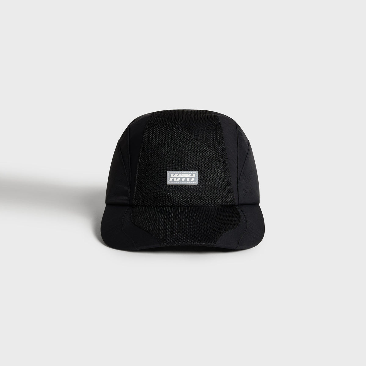 Kith Nylon Mesh Paneled Griffey Camper Hat in black with mesh crown panel and Kith logo patch, front view