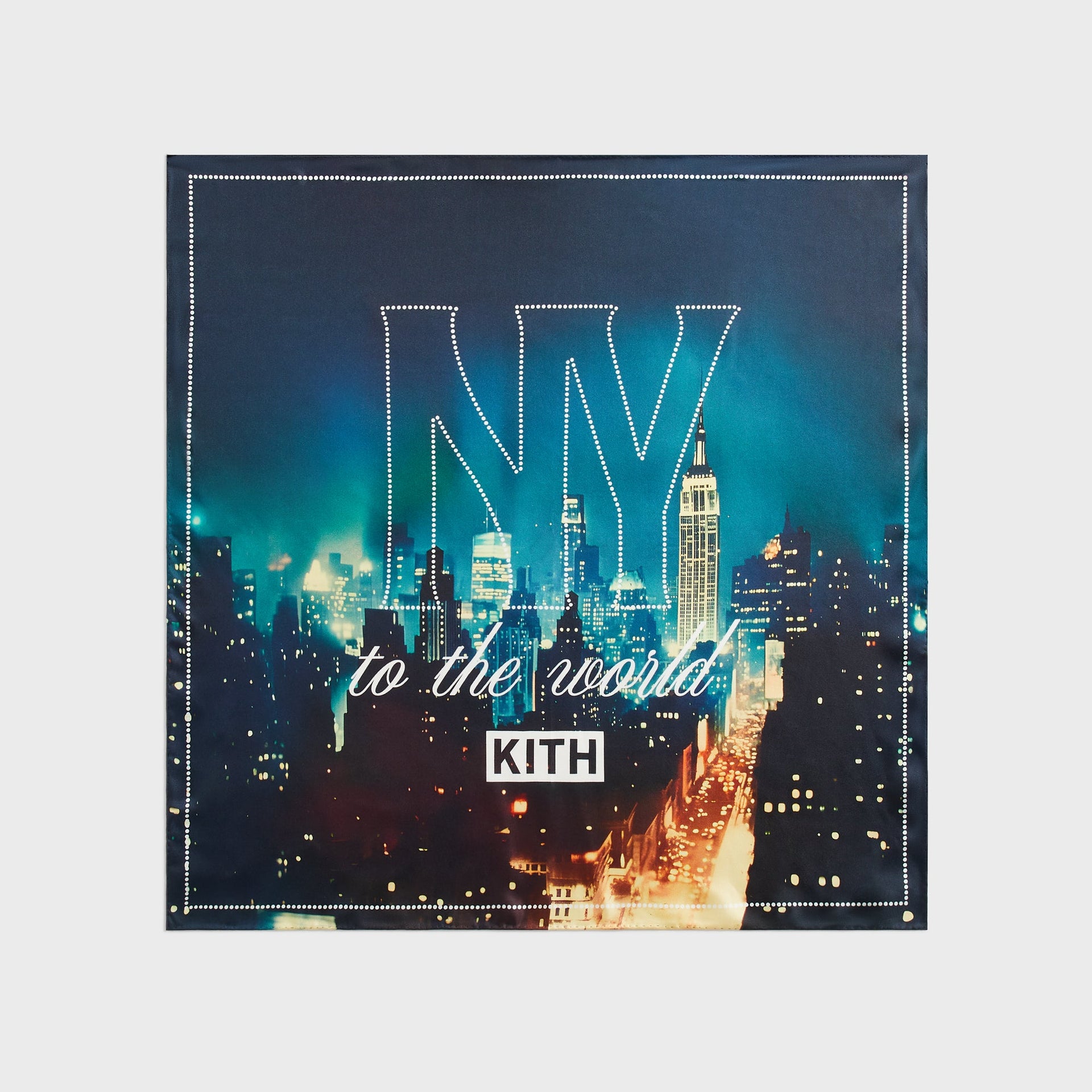 Kith Silk Bandana in Multi laid flat, full view of 'NY to the world' skyline graphic and Kith logo