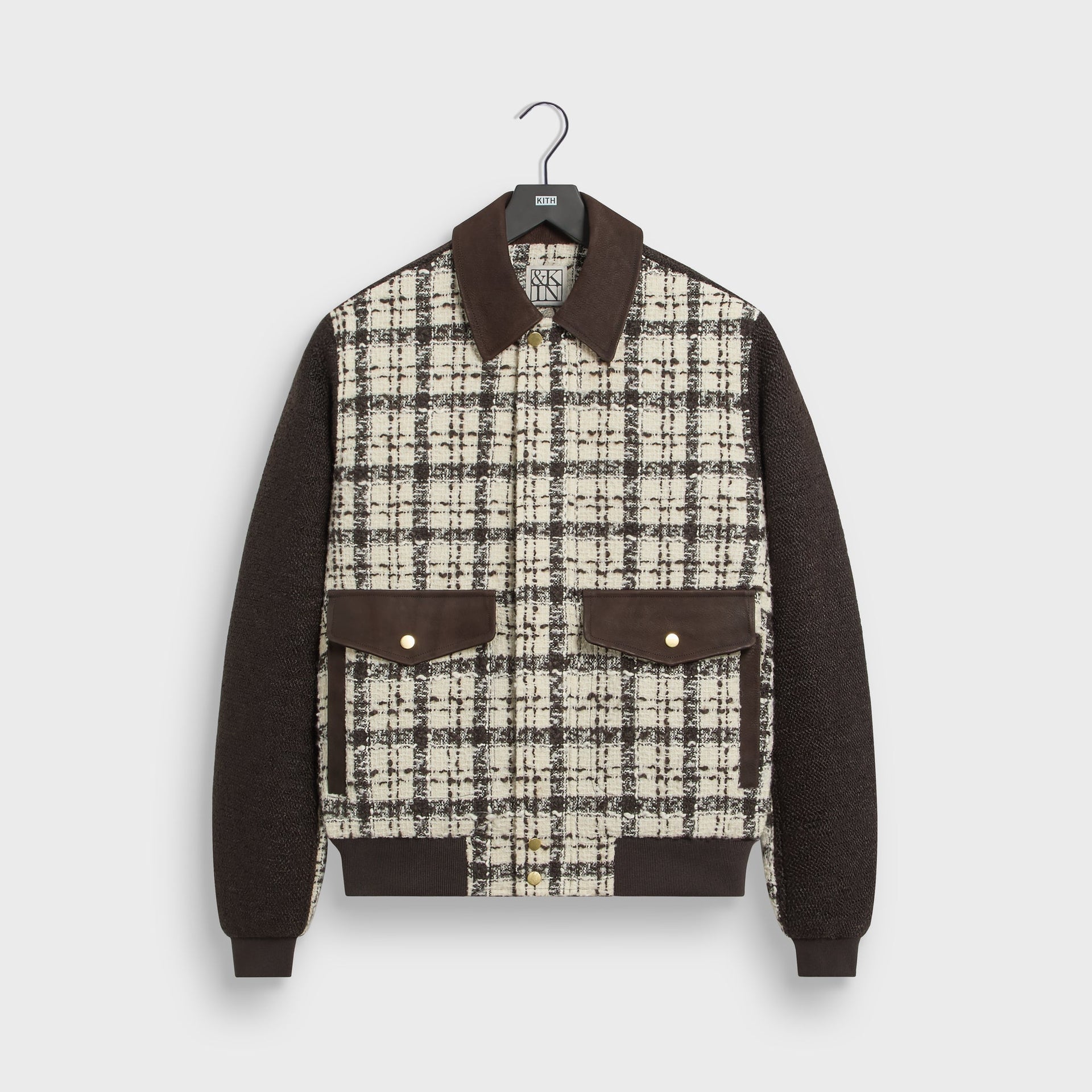 &Kin Mixed Tweed Hawthorne Flight Jacket in Sandrift, front view with brown leather collar and flap chest pockets