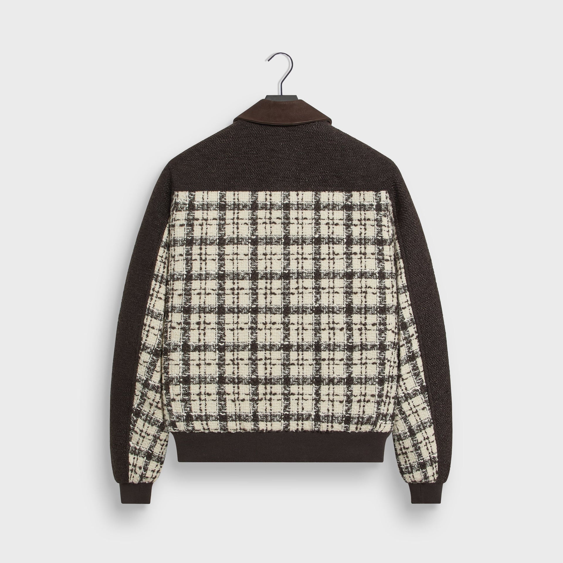 &Kin Hawthorne Flight Jacket in Sandrift, back view with check tweed body and brown boucle sleeves