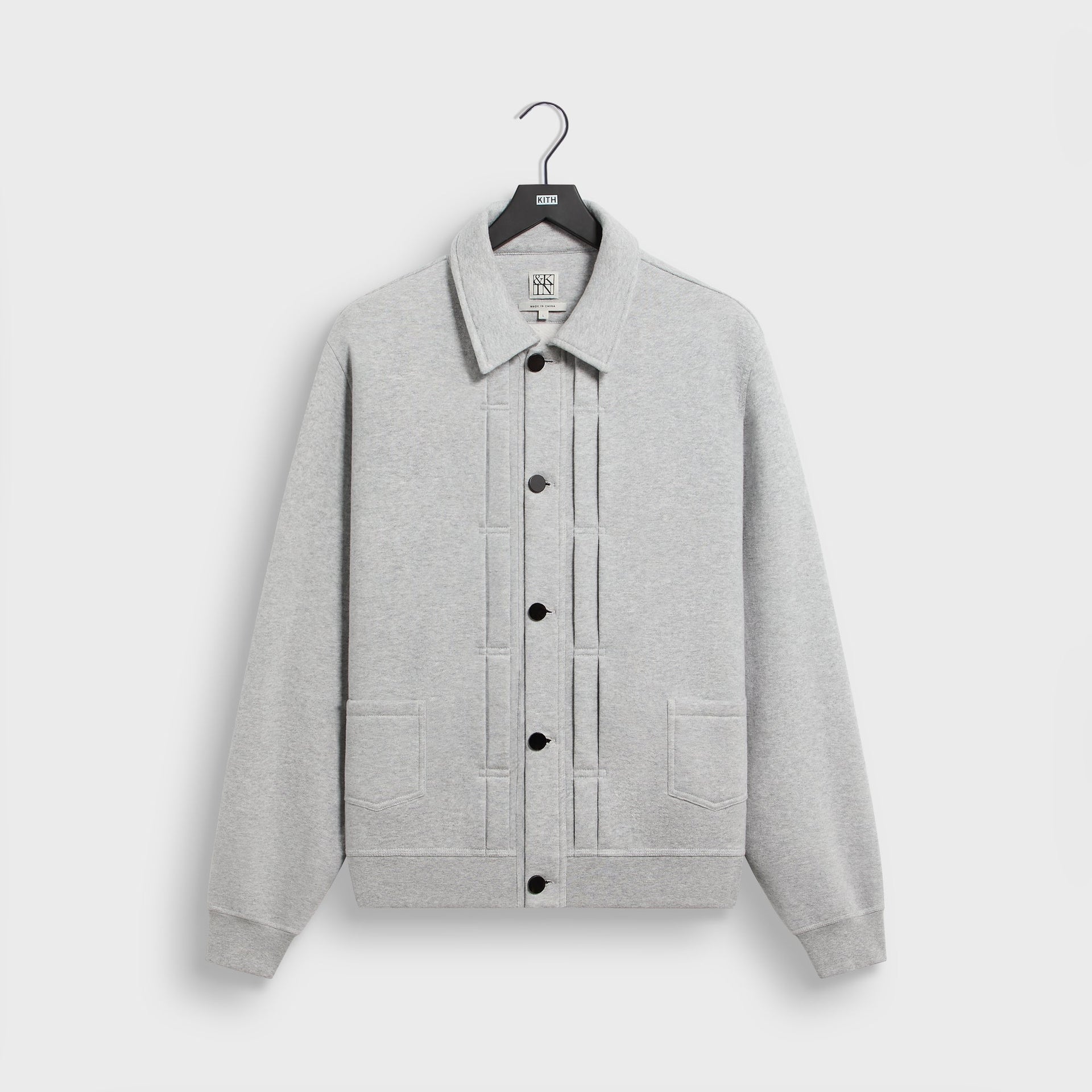 &Kin Plush Fleece Eito Workwear Jacket in Medium Heather Grey, front view on hanger with snap placket and patch pockets