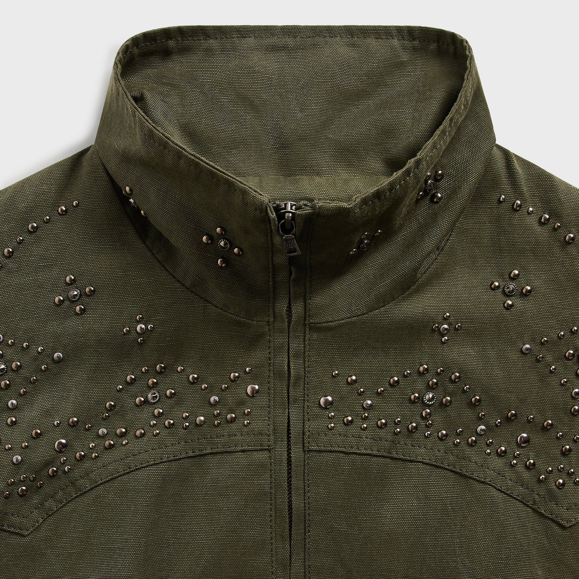 &Kin Rhysand Jacket detail: stand collar and zip with metal stud clusters, moss canvas