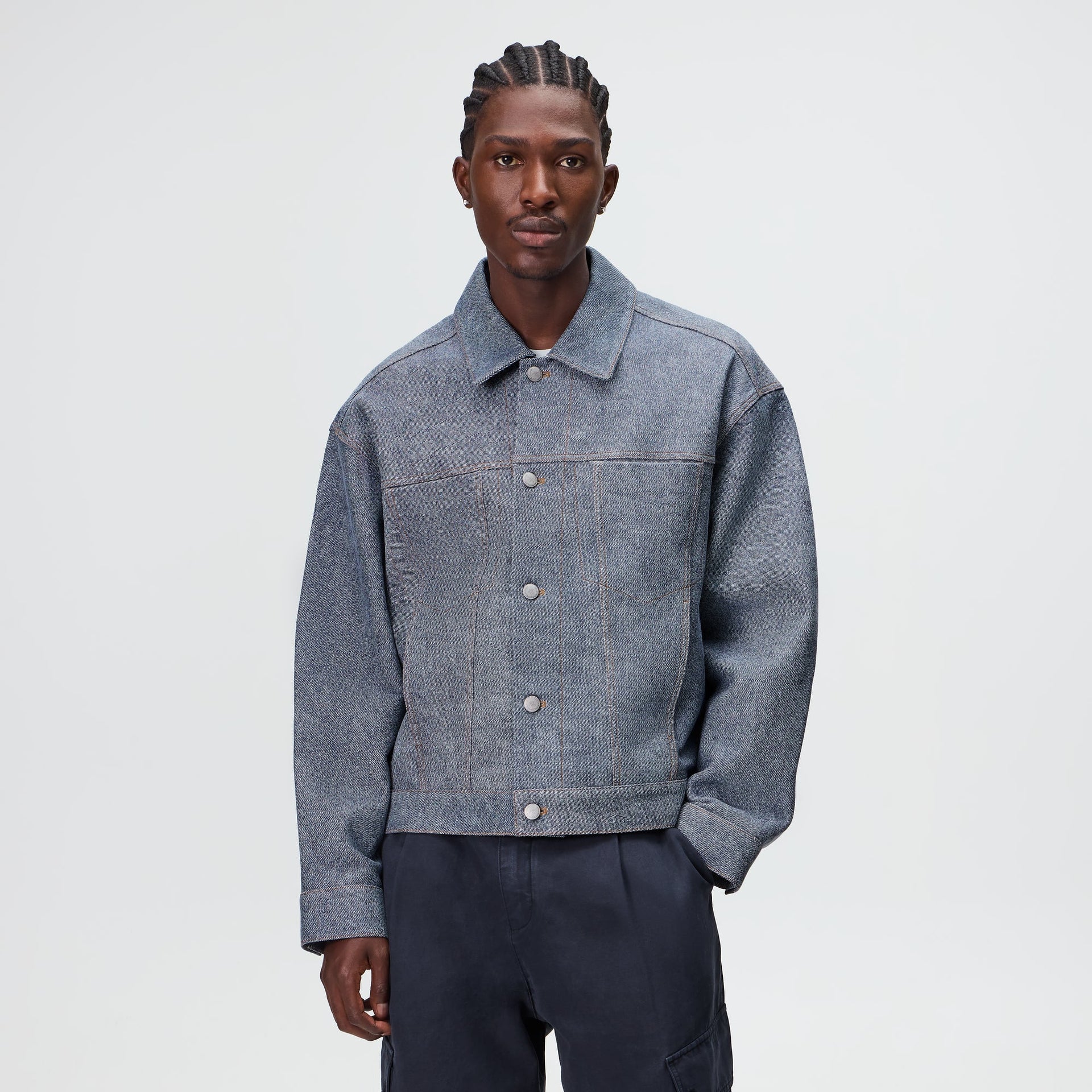 Kith Leather Denim Dario Trucker Jacket - Mid Indigo