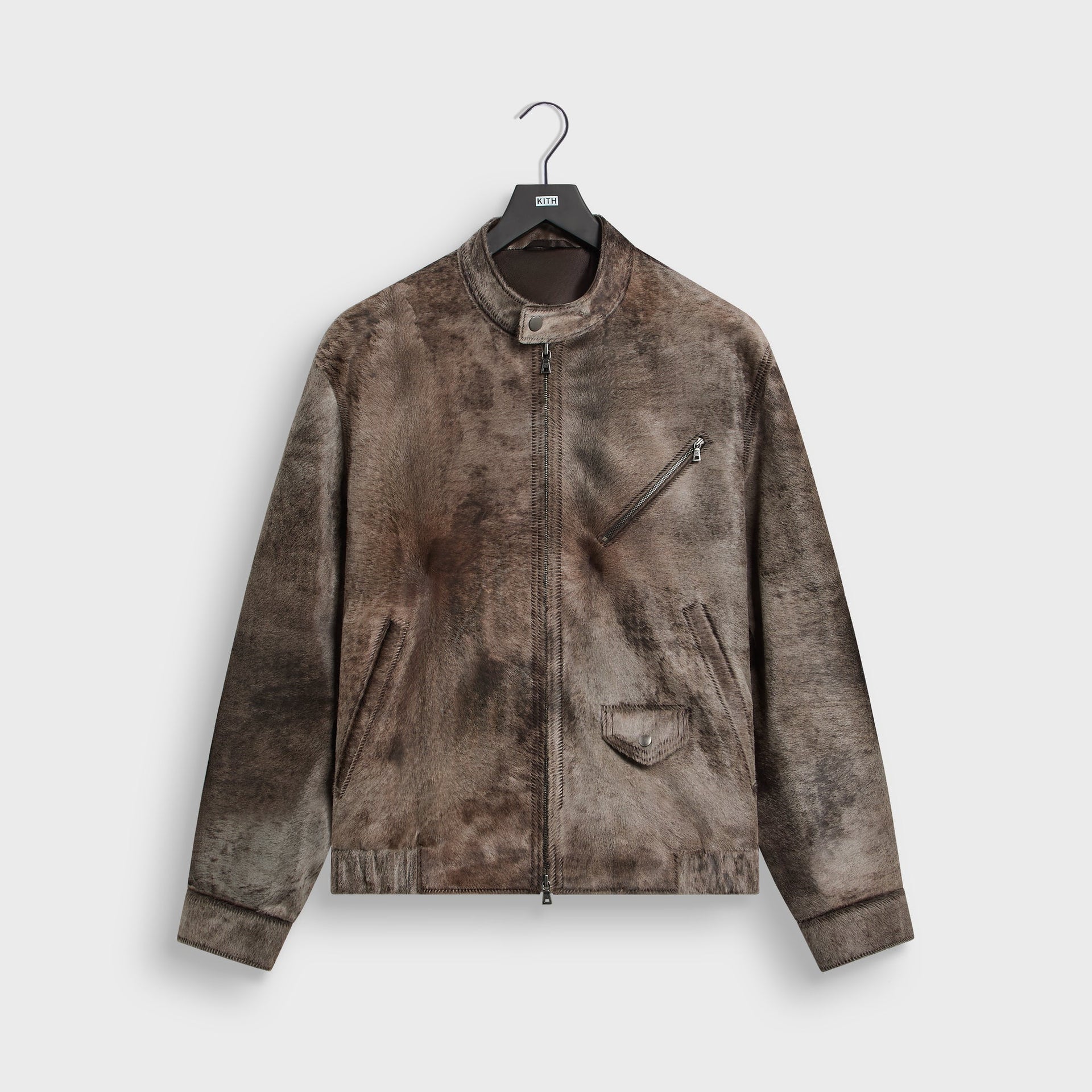 &Kin Pony Hair Cassius Moto Jacket in Underground brown, front view with off-center cafe-racer zip and snap collar