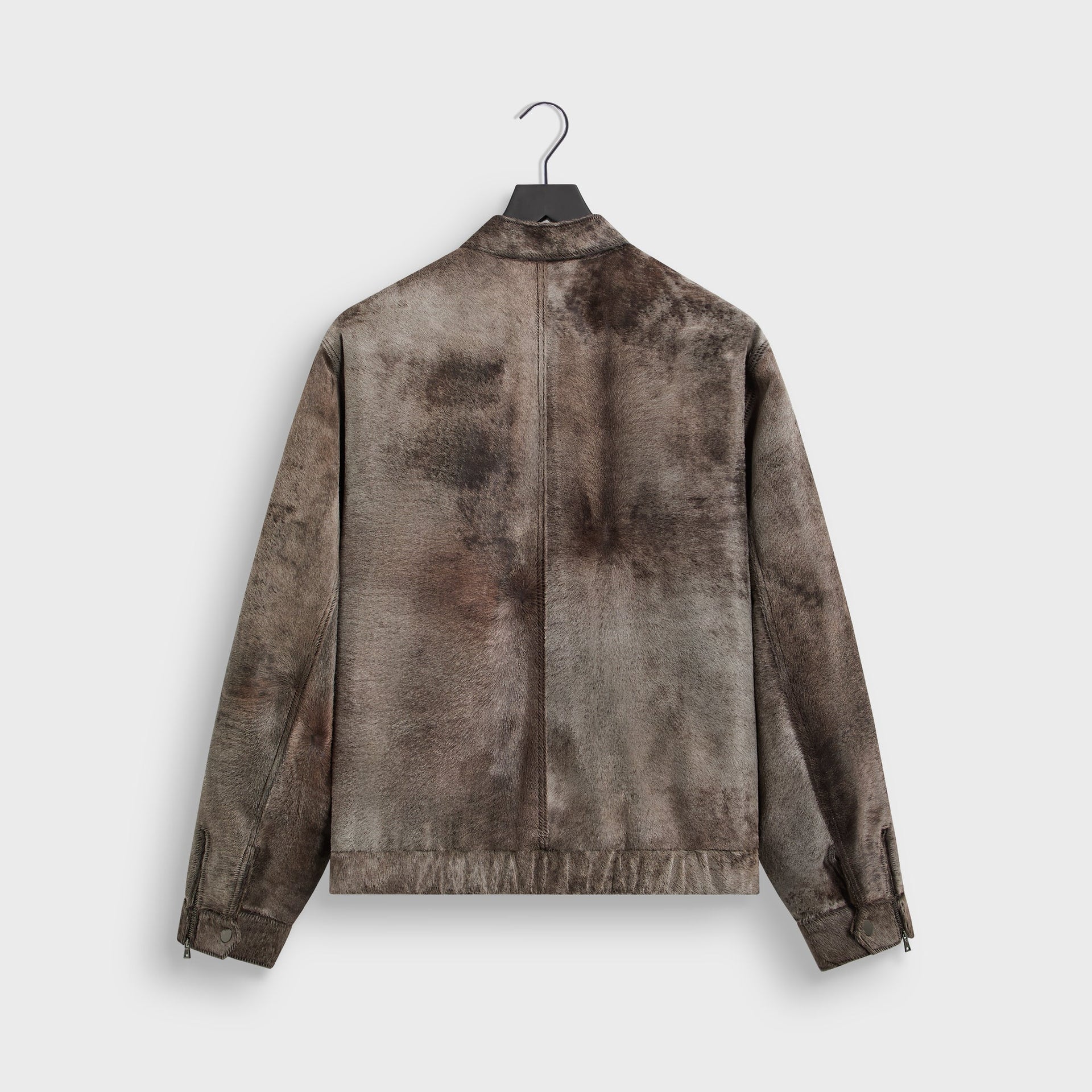 &Kin Cassius Moto Jacket in Underground, back view on hanger showing mottled pony hair and center seam