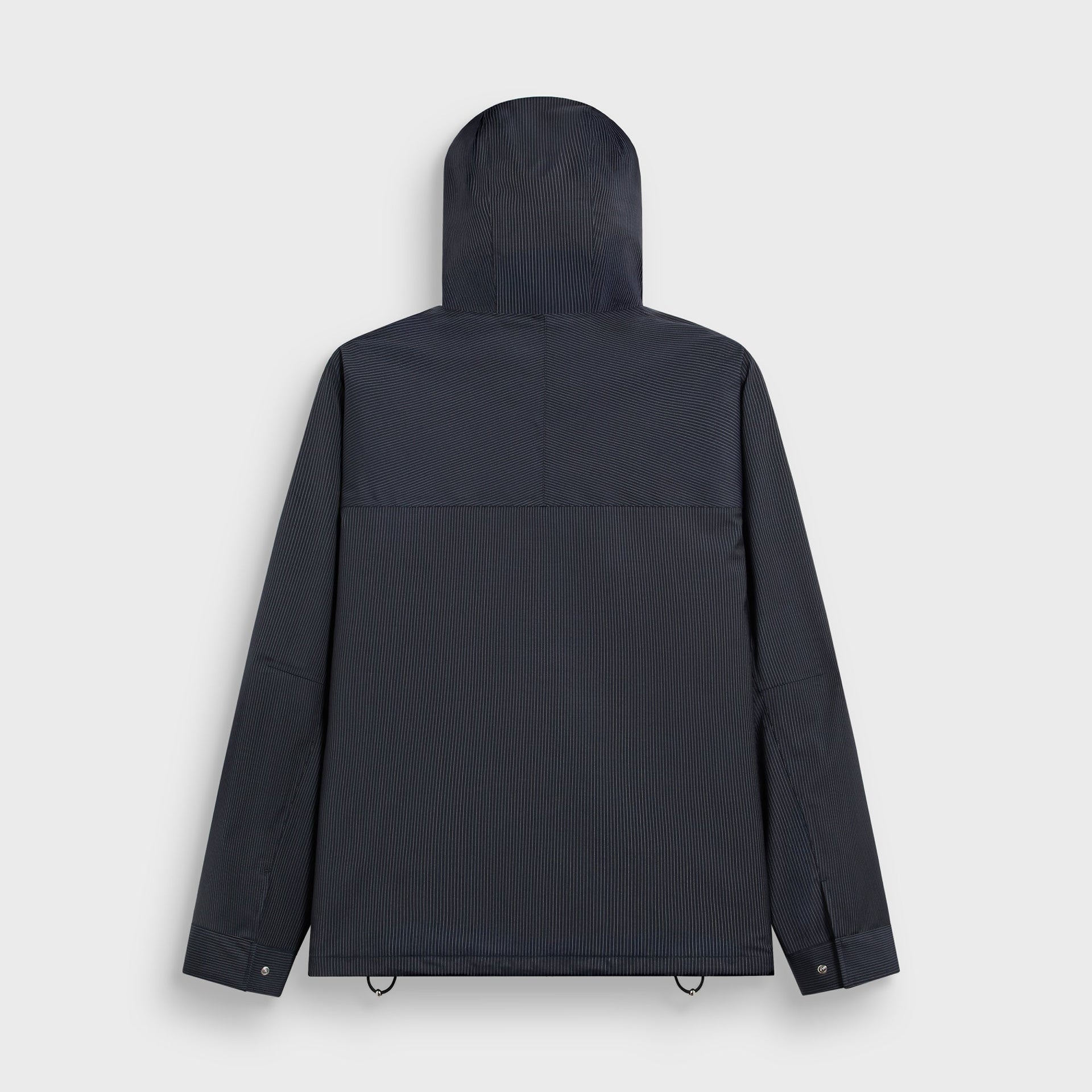 &Kin Gael Parka in Nocturnal navy pinstripe, back view on hanger with hood raised