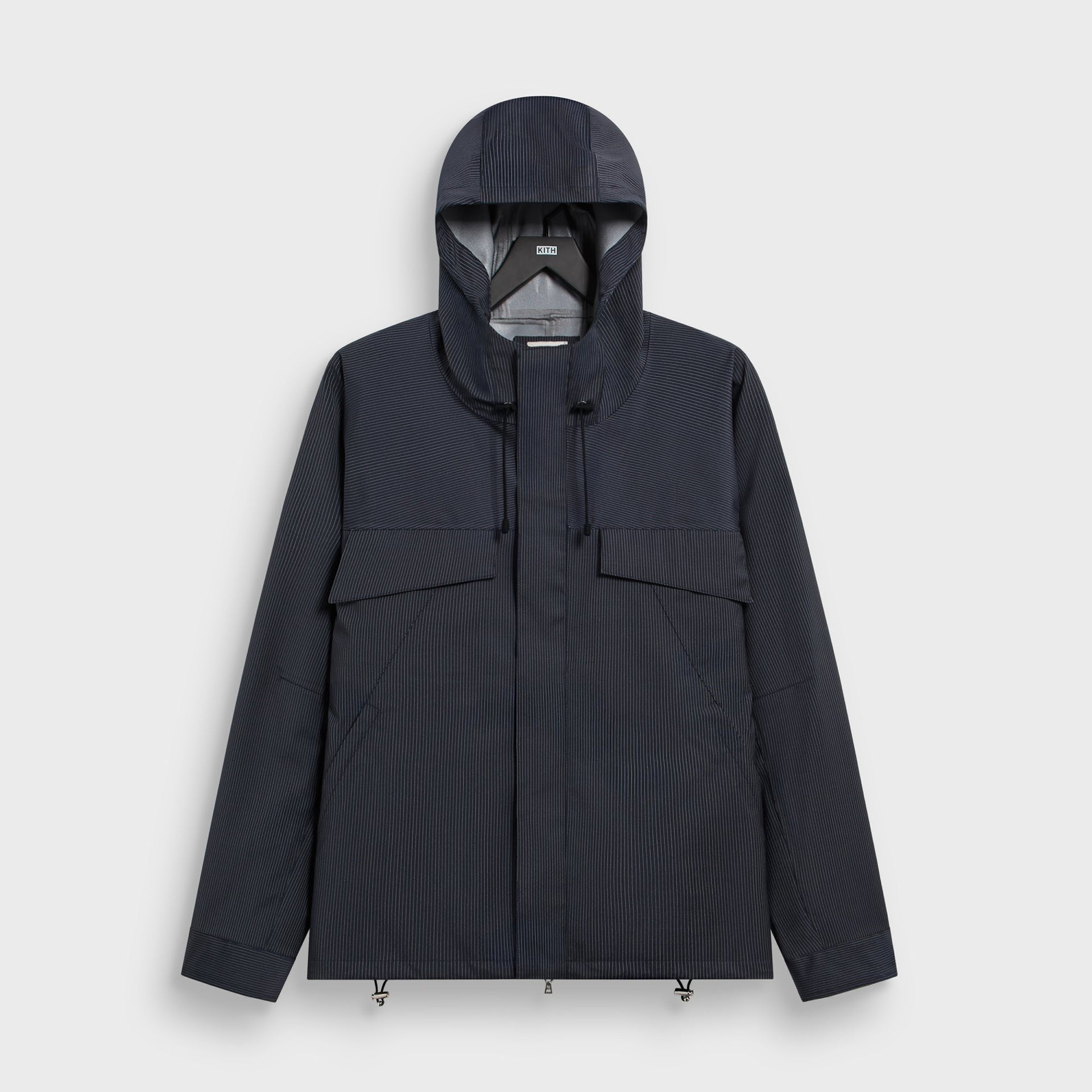 &Kin Tropical Wool Gael Parka in Nocturnal navy pinstripe, front view with hood, drawcords and flap chest pockets