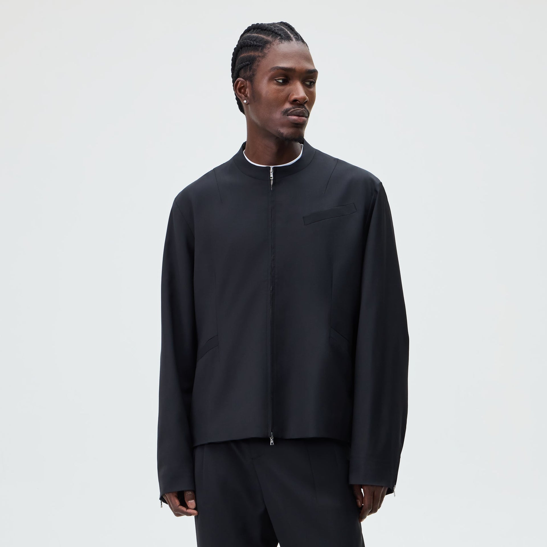 &Kin Tropical Wool Denez Jacket worn open over a white tee, front view of the cropped zip jacket