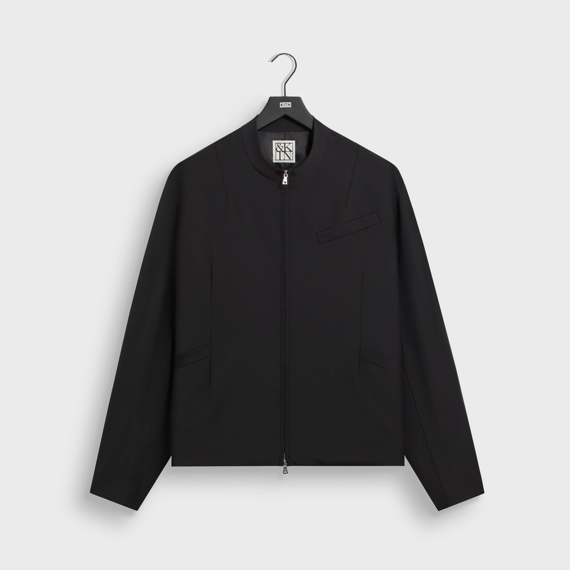 &Kin Tropical Wool Denez Jacket in Black, front view on hanger with band collar and two-way zip