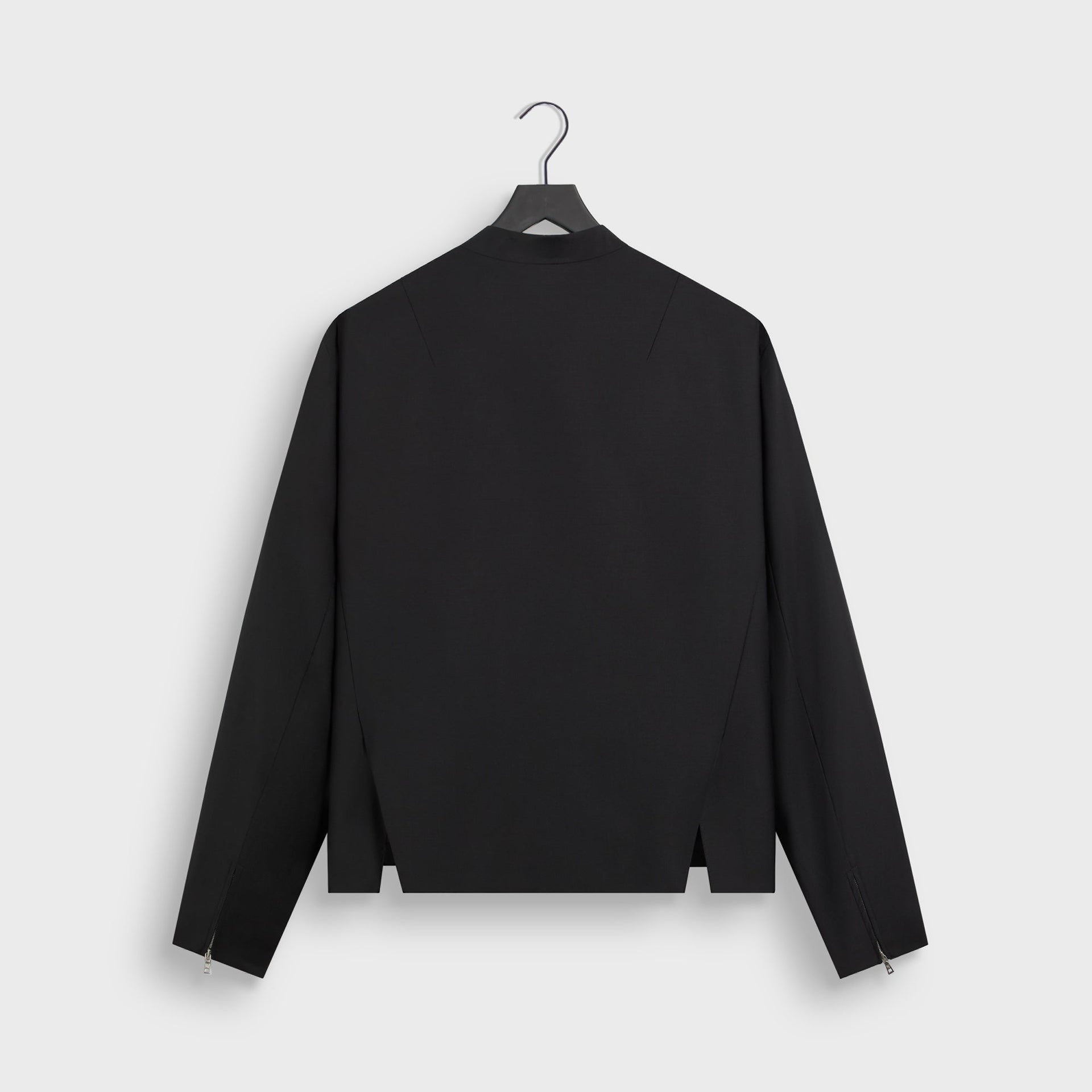 &Kin Denez Jacket in black, back view on hanger with side vents and silver zip cuffs