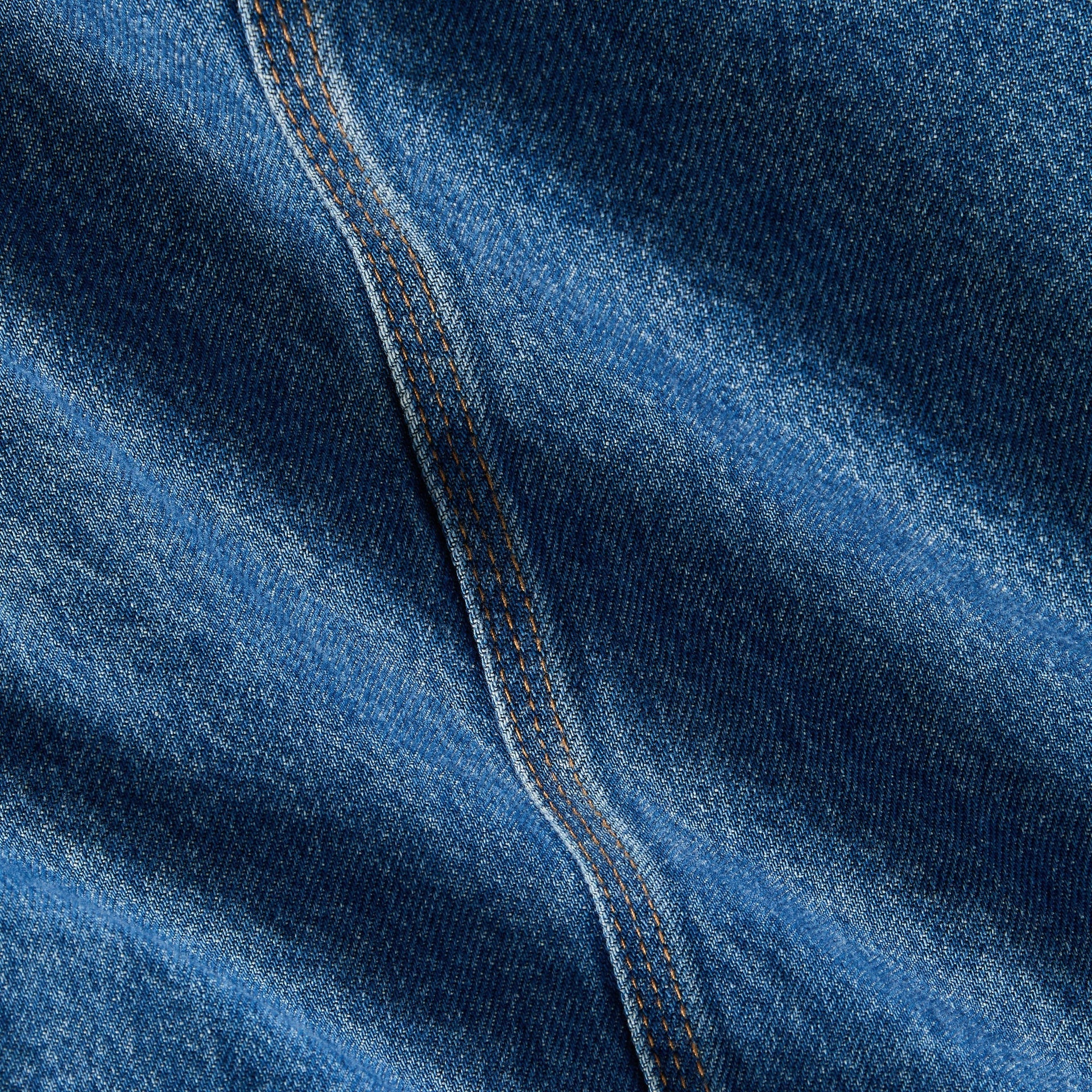 &Kin Clint Trucker Jacket detail, River Indigo denim weave with contrast topstitched seam