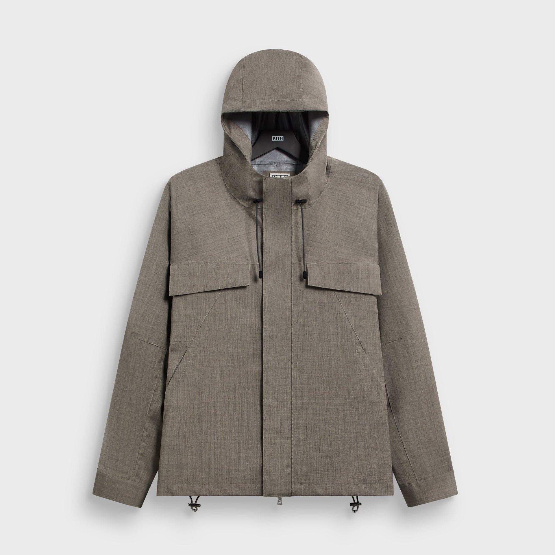 &Kin Tropical Wool Gael Parka in Permanent taupe, front view on hanger, hooded zip jacket with flap chest pockets