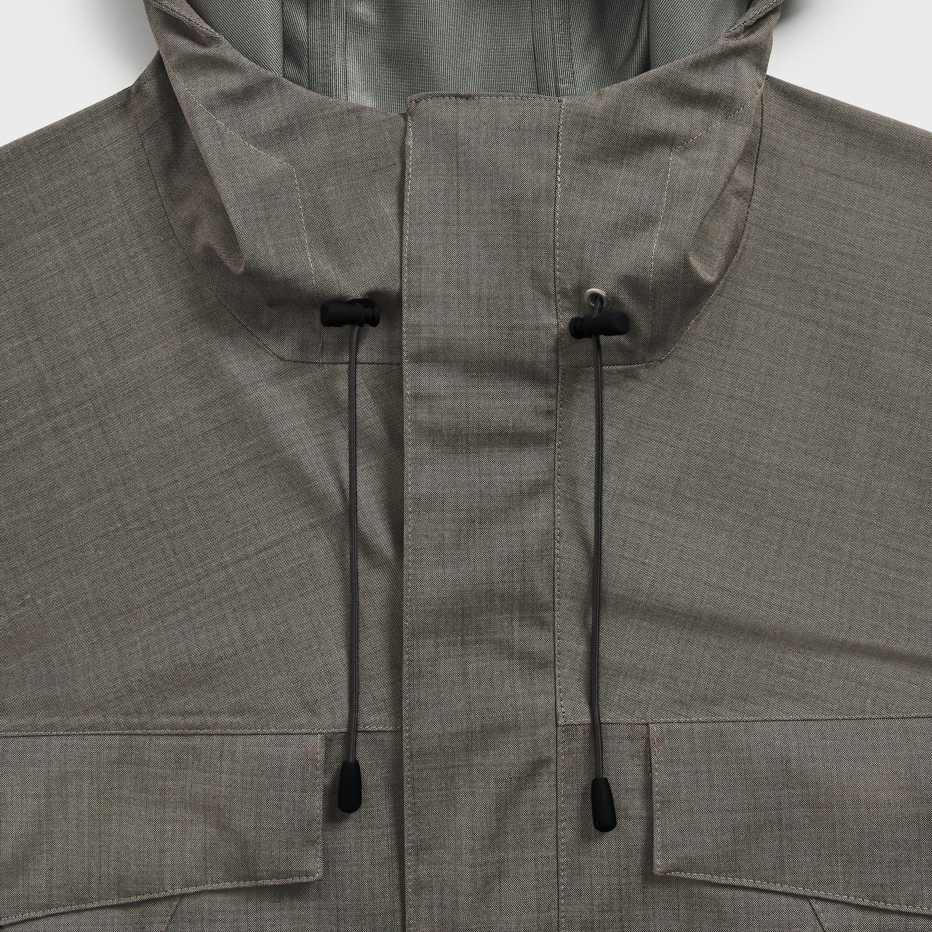 &Kin Tropical Wool Gael Parka detail, hood collar with drawcord toggles and chest pocket flaps