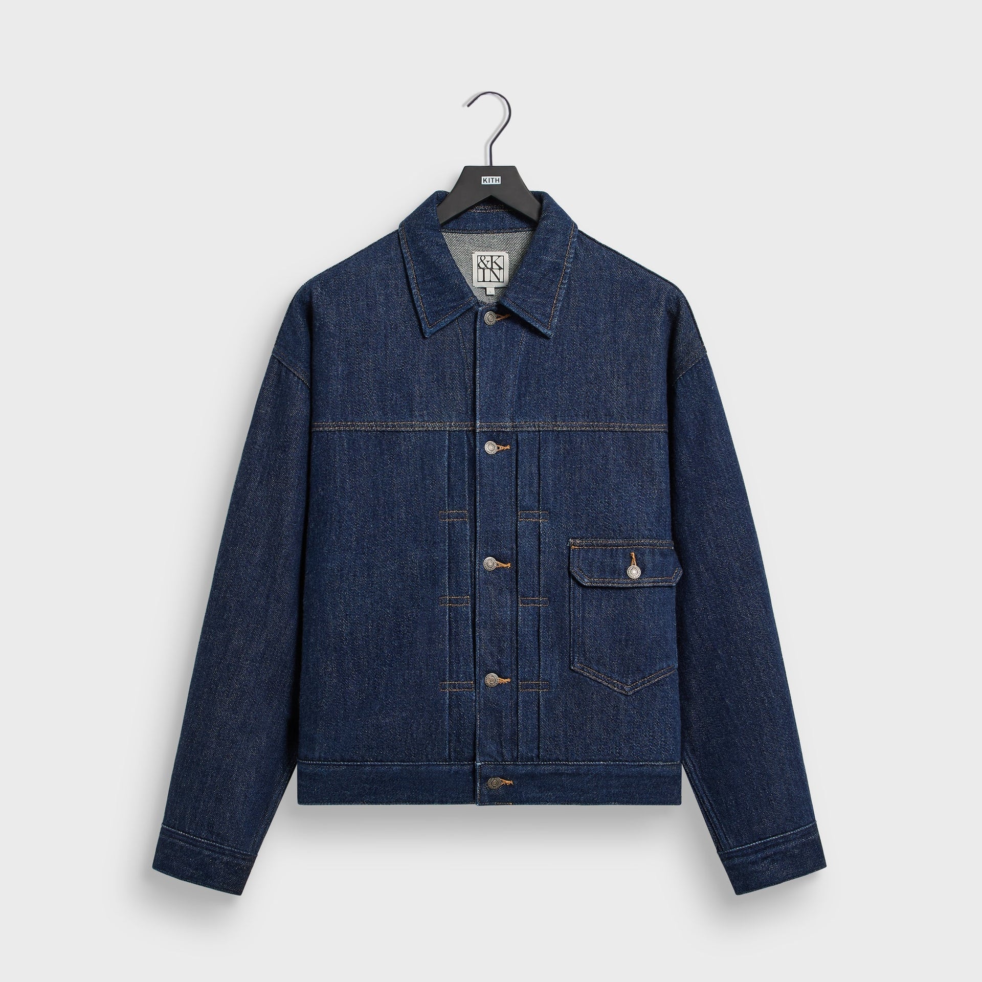 &Kin Rope Twill Alonzo Jacket in Dark Indigo, front view on hanger, denim trucker with button front and chest pocket